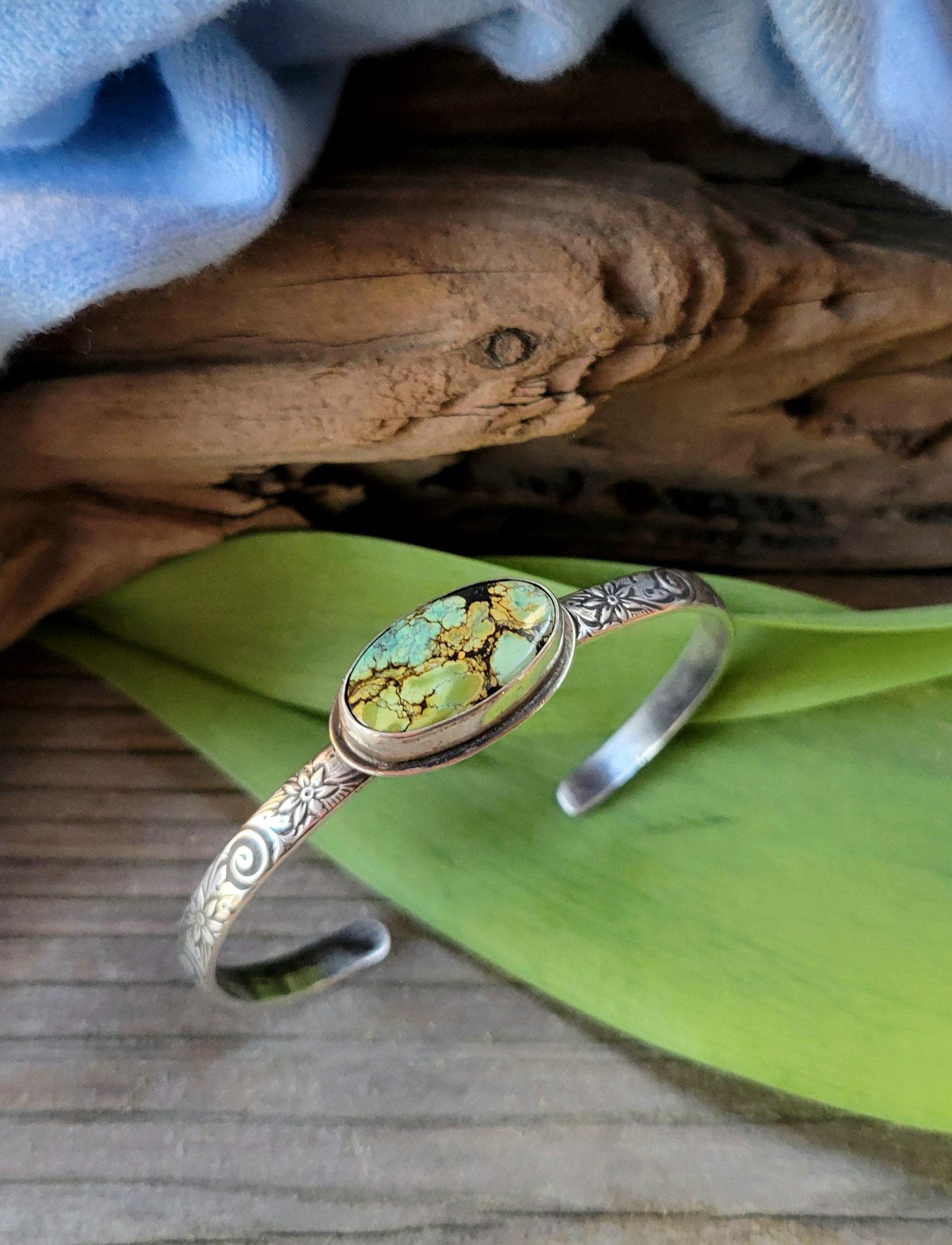 Green Turquoise Silver Cuff - handcrafted, handmade, natural green Qingu Hubei Turquoise, ethically sourced, floral pattern cuff, gift