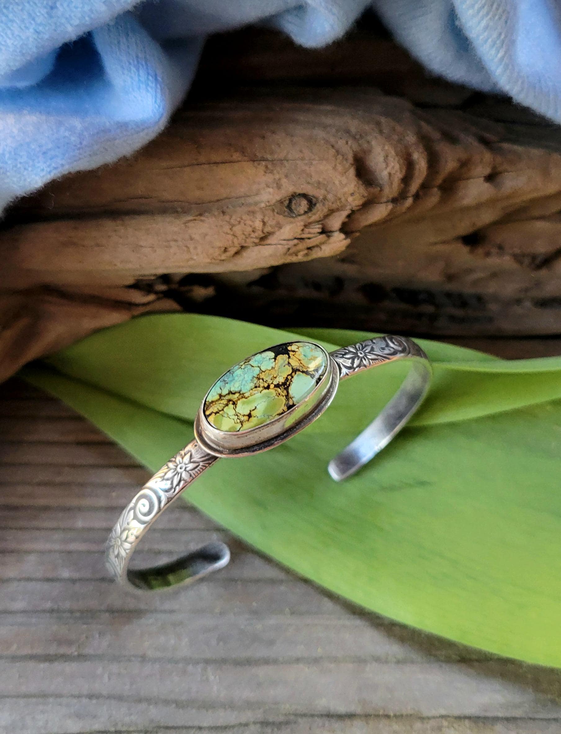 Green Turquoise Silver Cuff - handcrafted, handmade, natural green Qingu Hubei Turquoise, ethically sourced, floral pattern cuff, gift