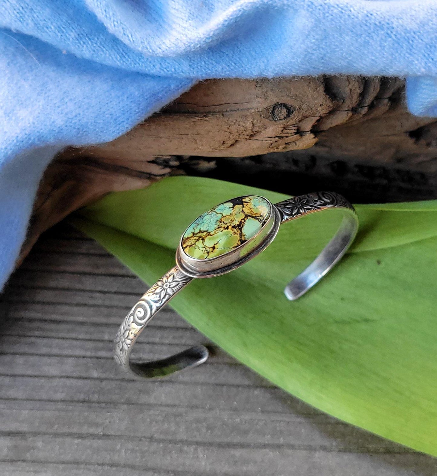 Green Turquoise Silver Cuff - handcrafted, handmade, natural green Qingu Hubei Turquoise, ethically sourced, floral pattern cuff, gift