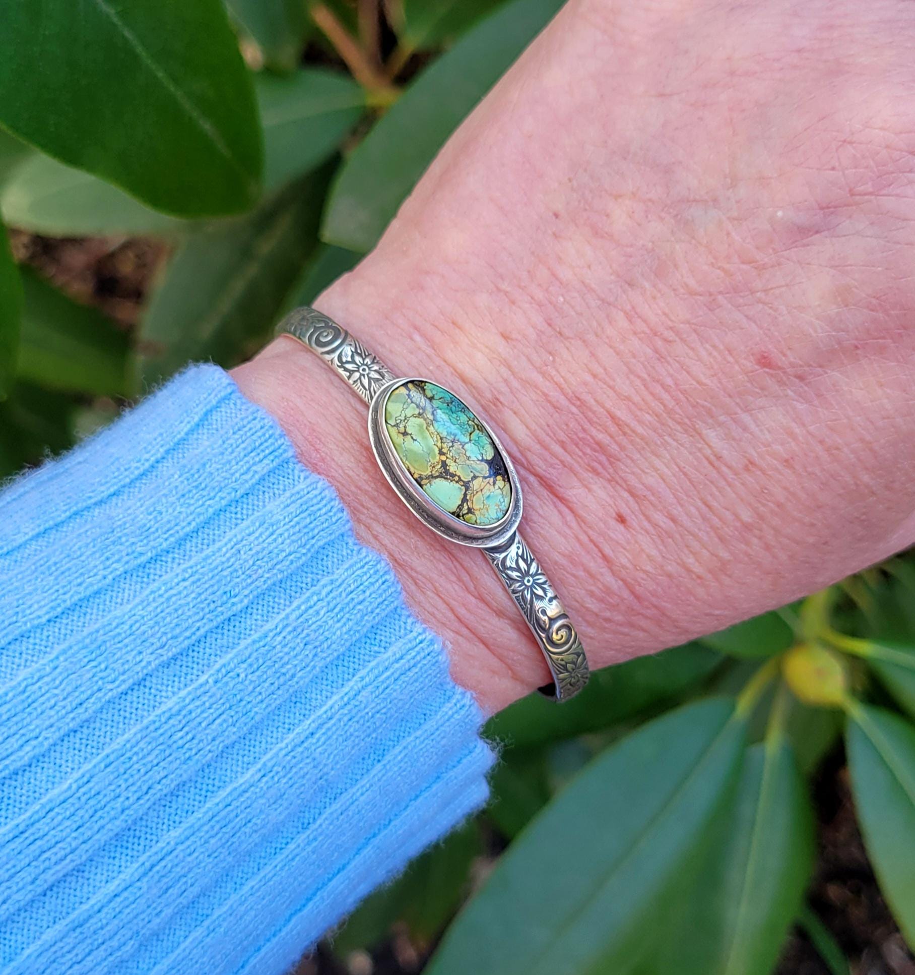 Green Turquoise Silver Cuff - handcrafted, handmade, natural green Qingu Hubei Turquoise, ethically sourced, floral pattern cuff, gift