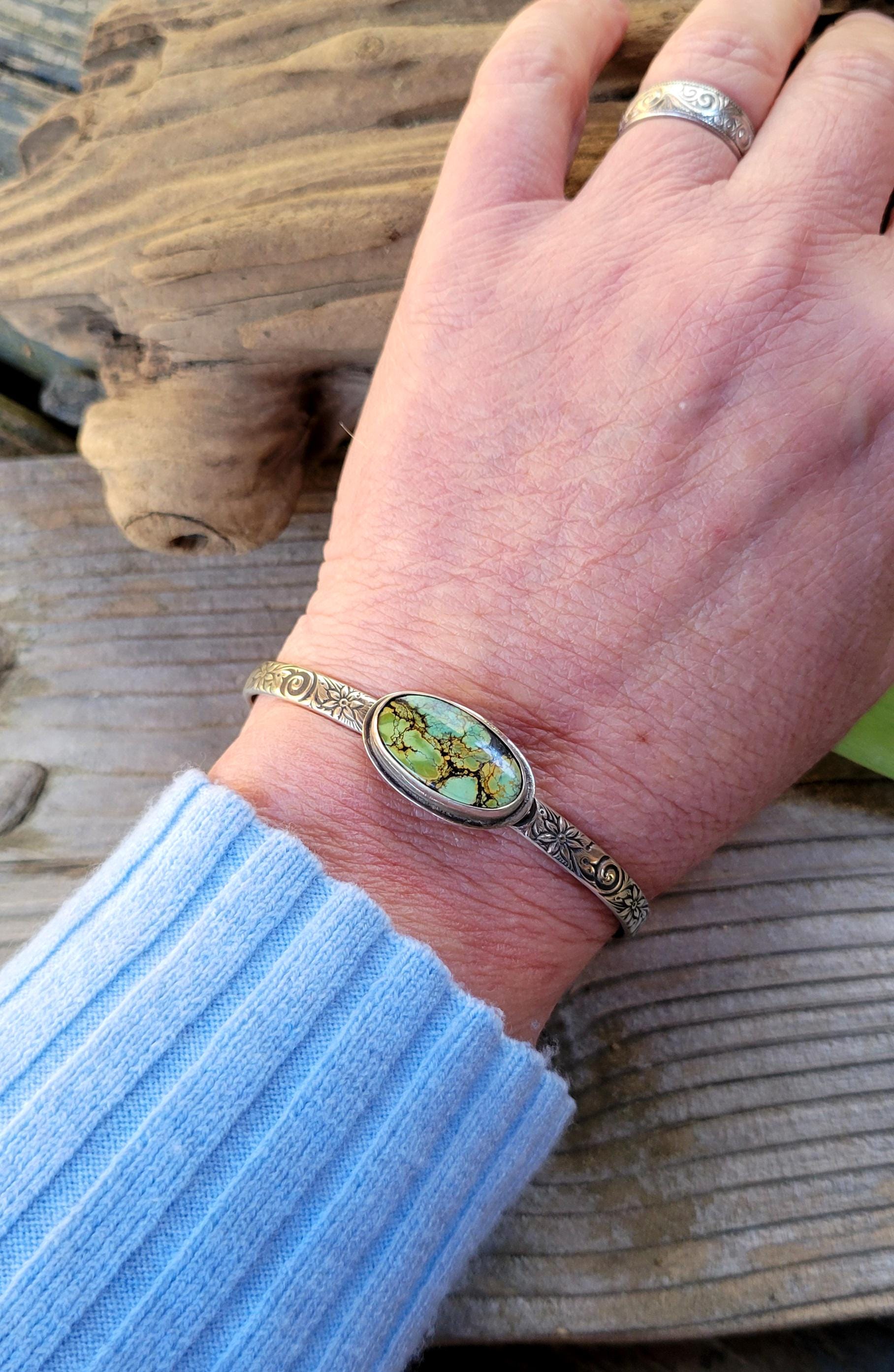 Green Turquoise Silver Cuff - handcrafted, handmade, natural green Qingu Hubei Turquoise, ethically sourced, floral pattern cuff, gift