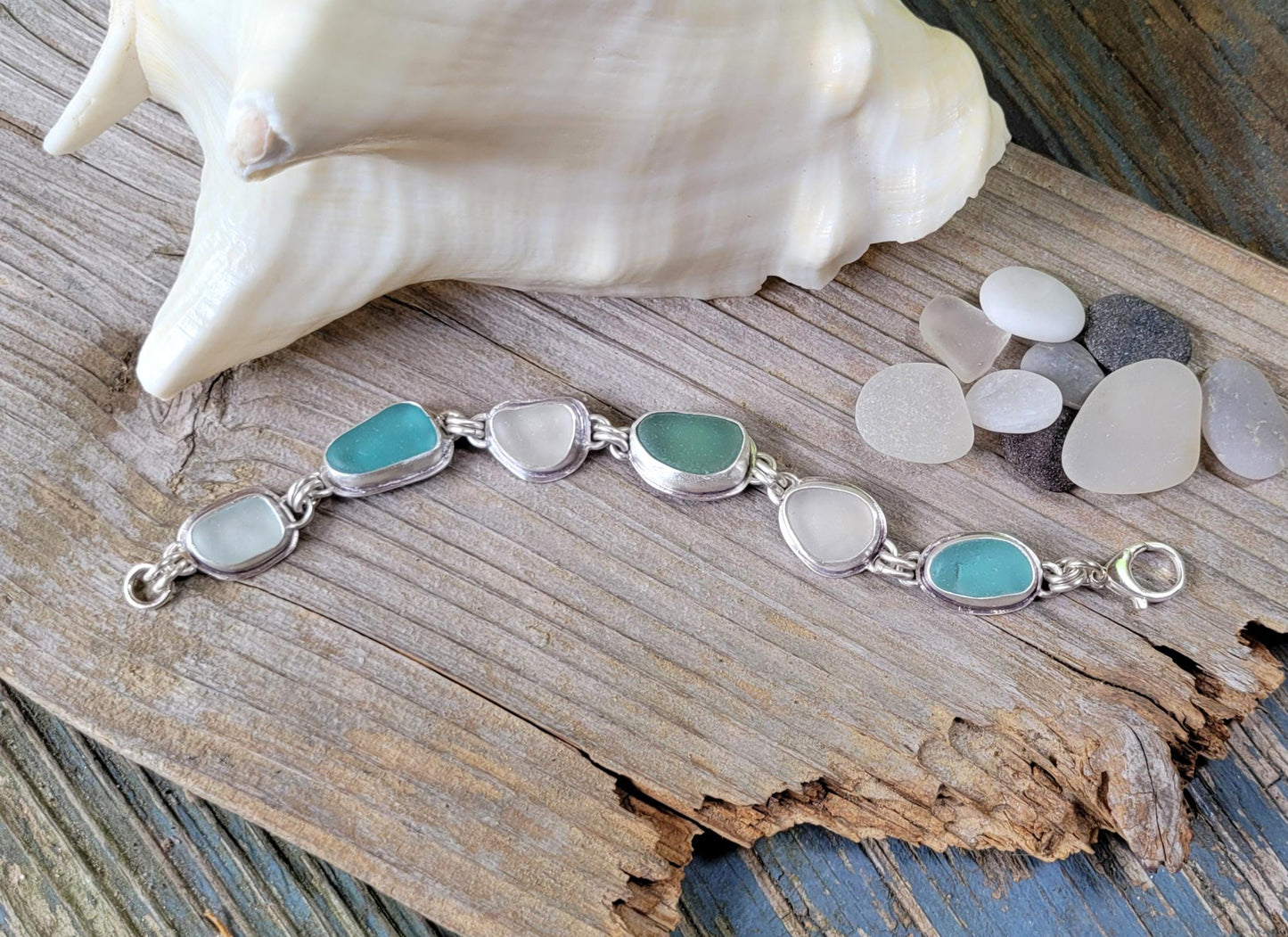 Seaglass bracelet, silver link bracelet, handmade, genuine seaglass, blue seaglass, aqua, white, sterling silver, adjustable, beautiful gift