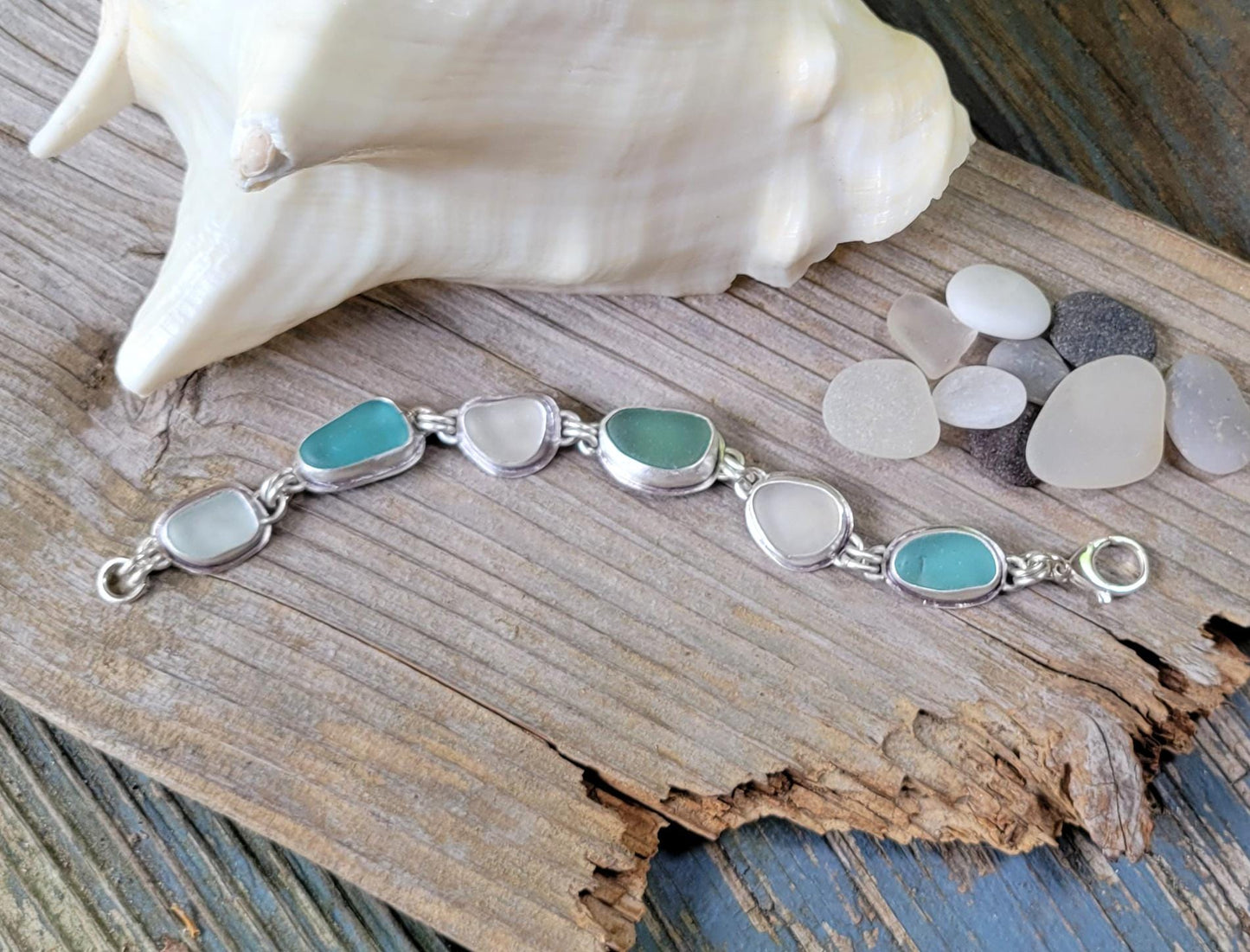 Seaglass bracelet, silver link bracelet, handmade, genuine seaglass, blue seaglass, aqua, white, sterling silver, adjustable, beautiful gift