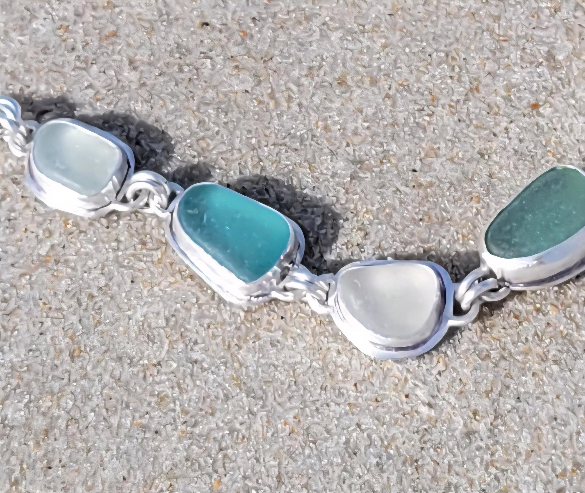 Seaglass bracelet, silver link bracelet, handmade, genuine seaglass, blue seaglass, aqua, white, sterling silver, adjustable, beautiful gift