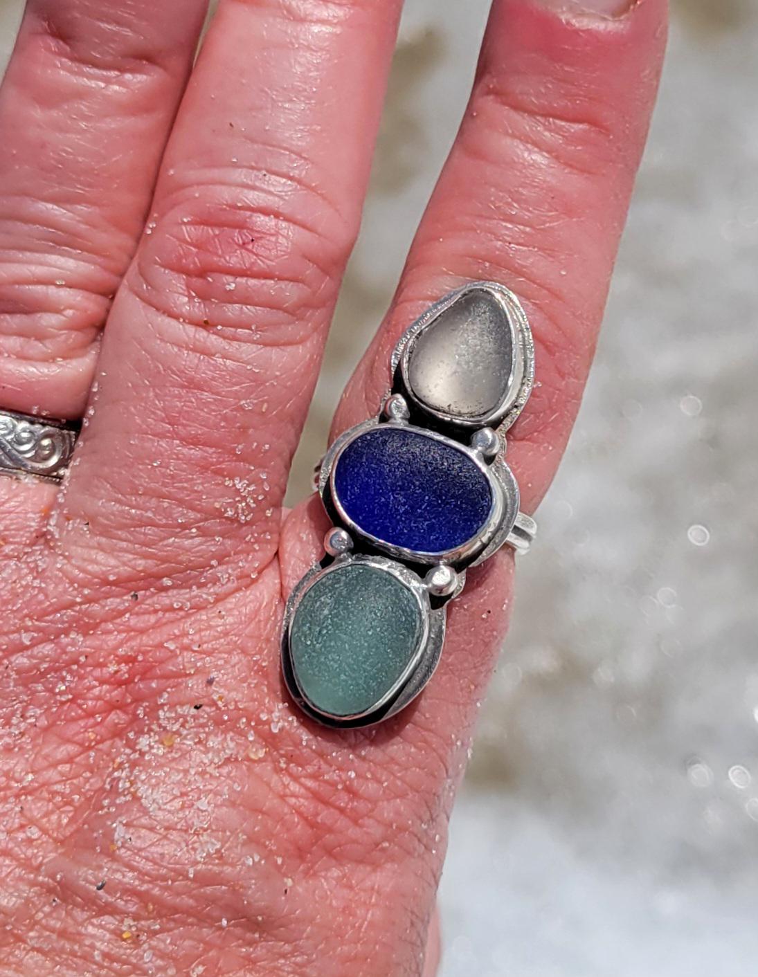 Seaglass Ring - handmade ring, blue seaglass, aqua seaglas, white seaglass, genuine, sterling silver, Size 8. 25 USA, beautiful gift