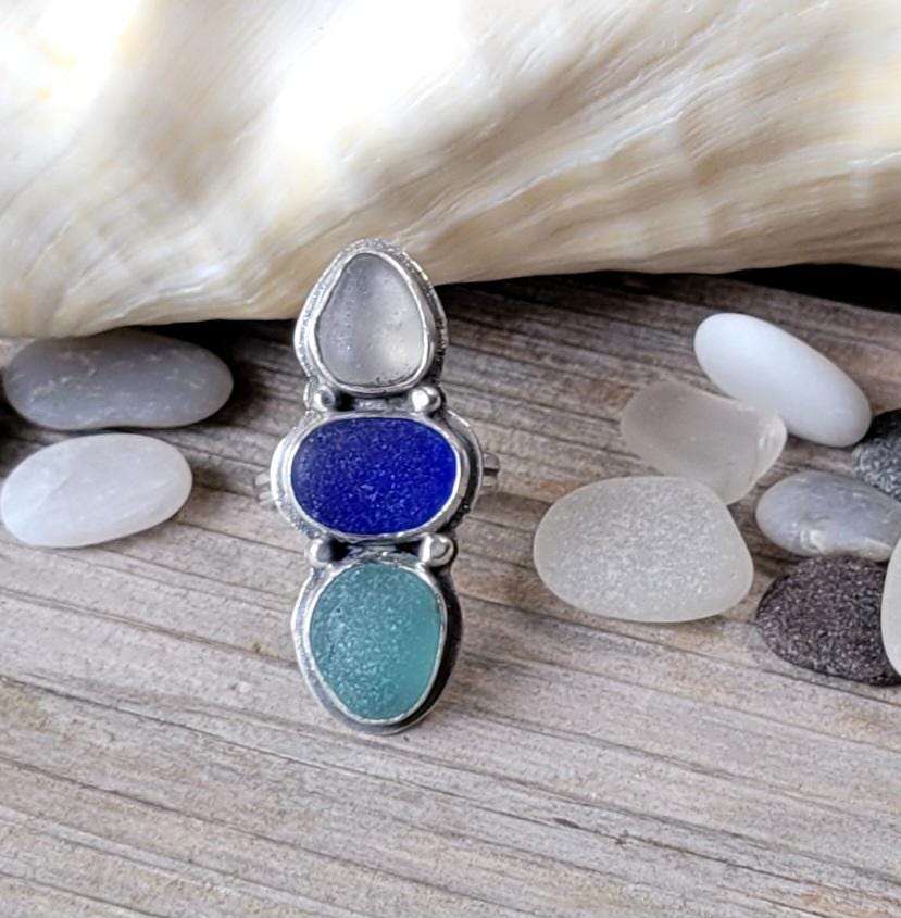 Seaglass Ring - handmade ring, blue seaglass, aqua seaglas, white seaglass, genuine, sterling silver, Size 8. 25 USA, beautiful gift