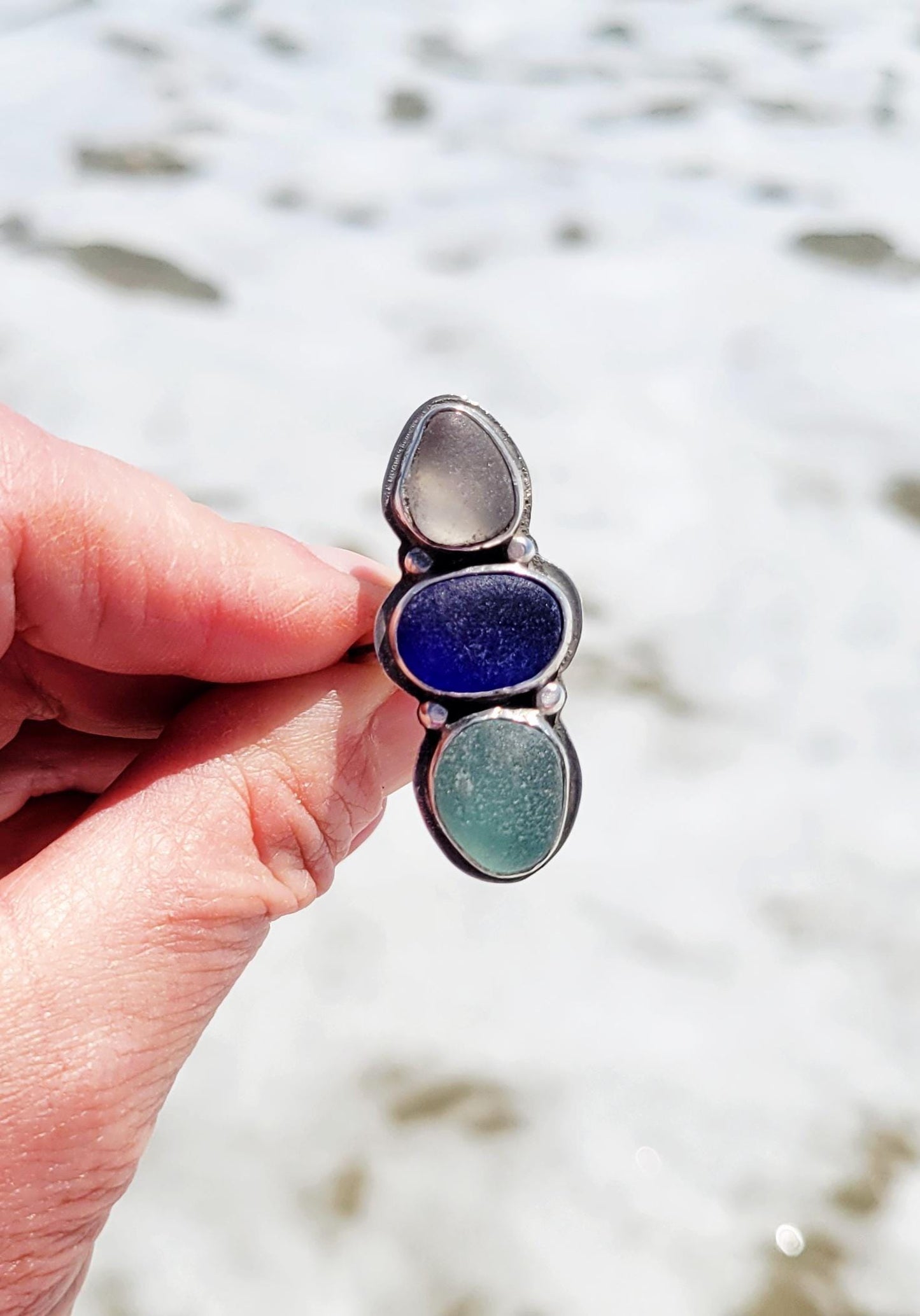 Seaglass Ring - handmade ring, blue seaglass, aqua seaglas, white seaglass, genuine, sterling silver, Size 8. 25 USA, beautiful gift