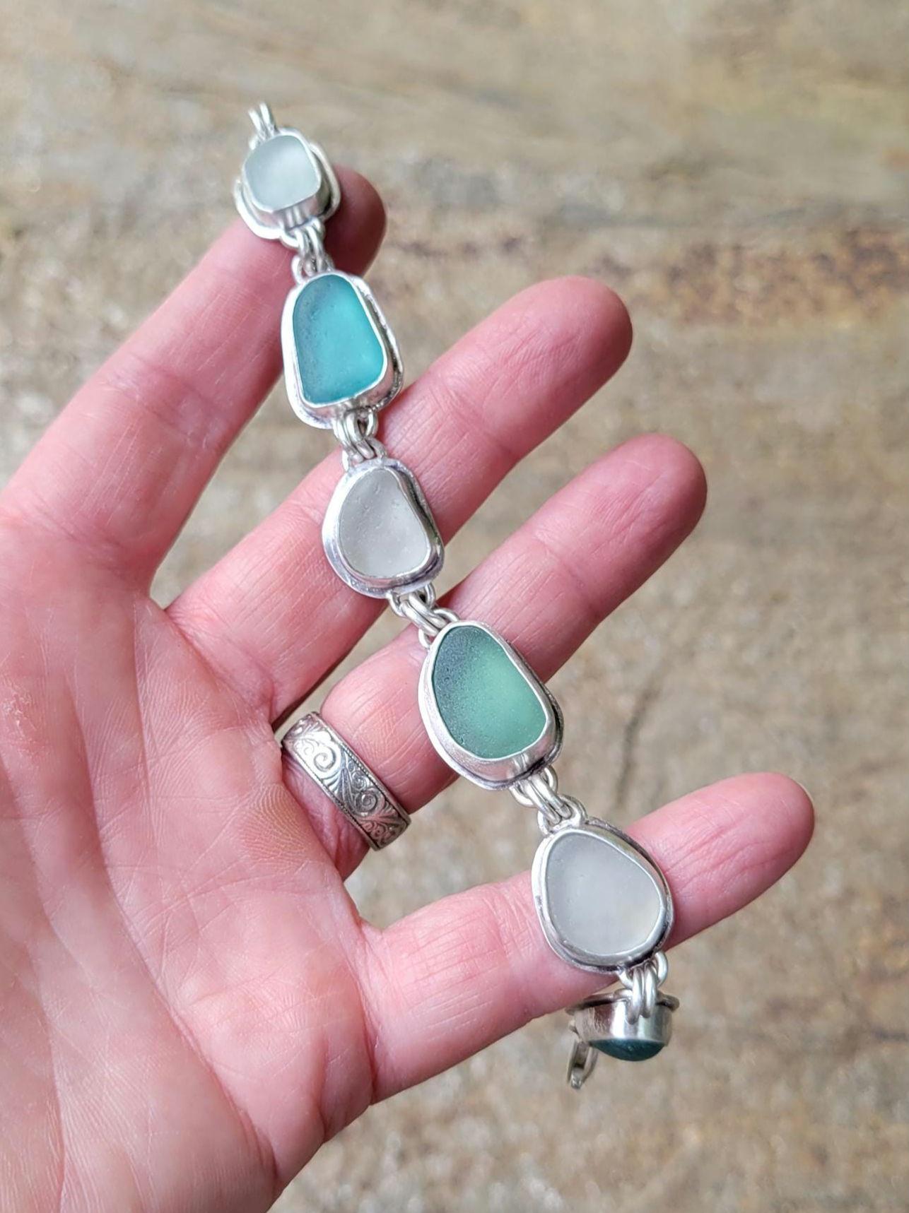 Seaglass bracelet, silver link bracelet, handmade, genuine seaglass, blue seaglass, aqua, white, sterling silver, adjustable, beautiful gift