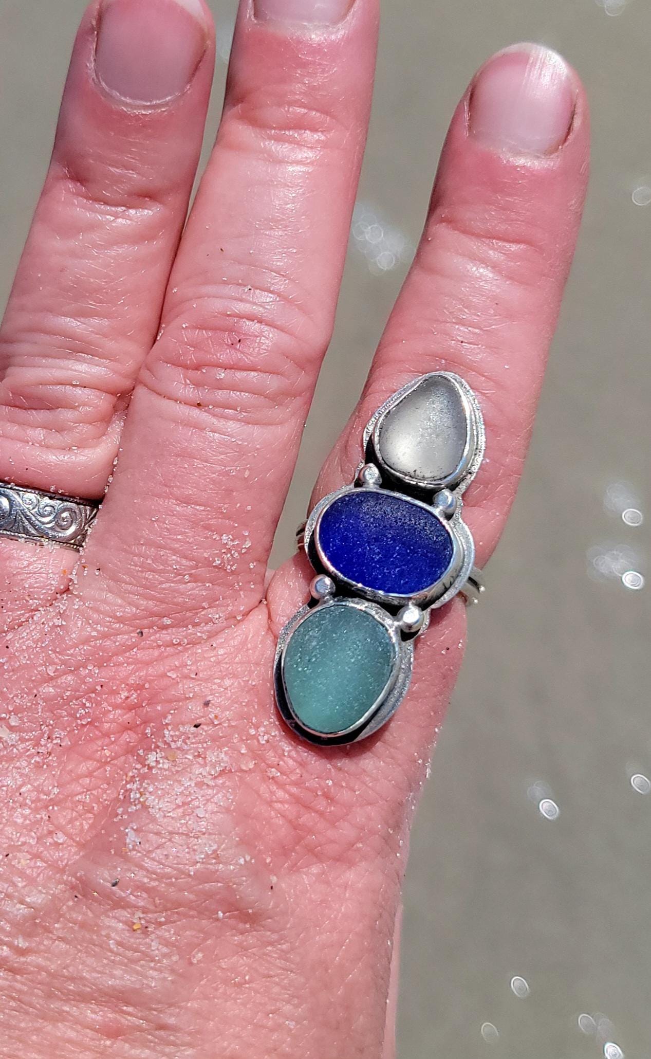 Seaglass Ring - handmade ring, blue seaglass, aqua seaglas, white seaglass, genuine, sterling silver, Size 8. 25 USA, beautiful gift