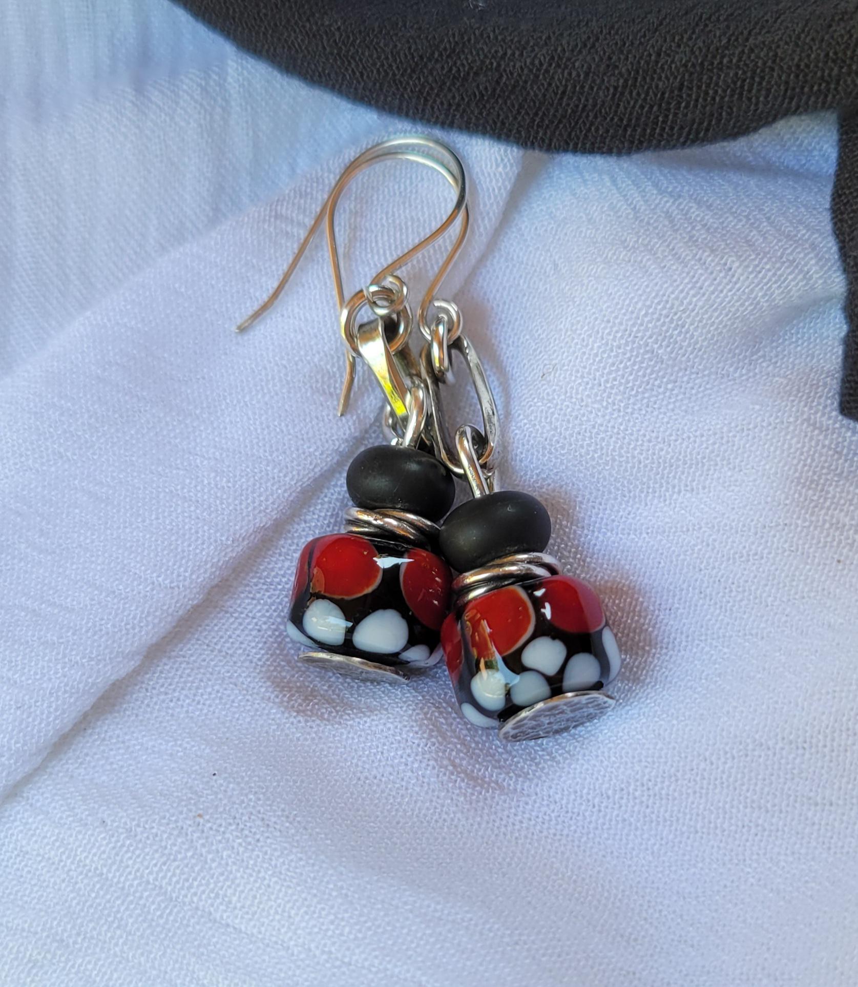 Lady Bug Artisan Glass earrings - handmade glass beads, handformed sterling silver, red, black, white dangle, beautiful gift