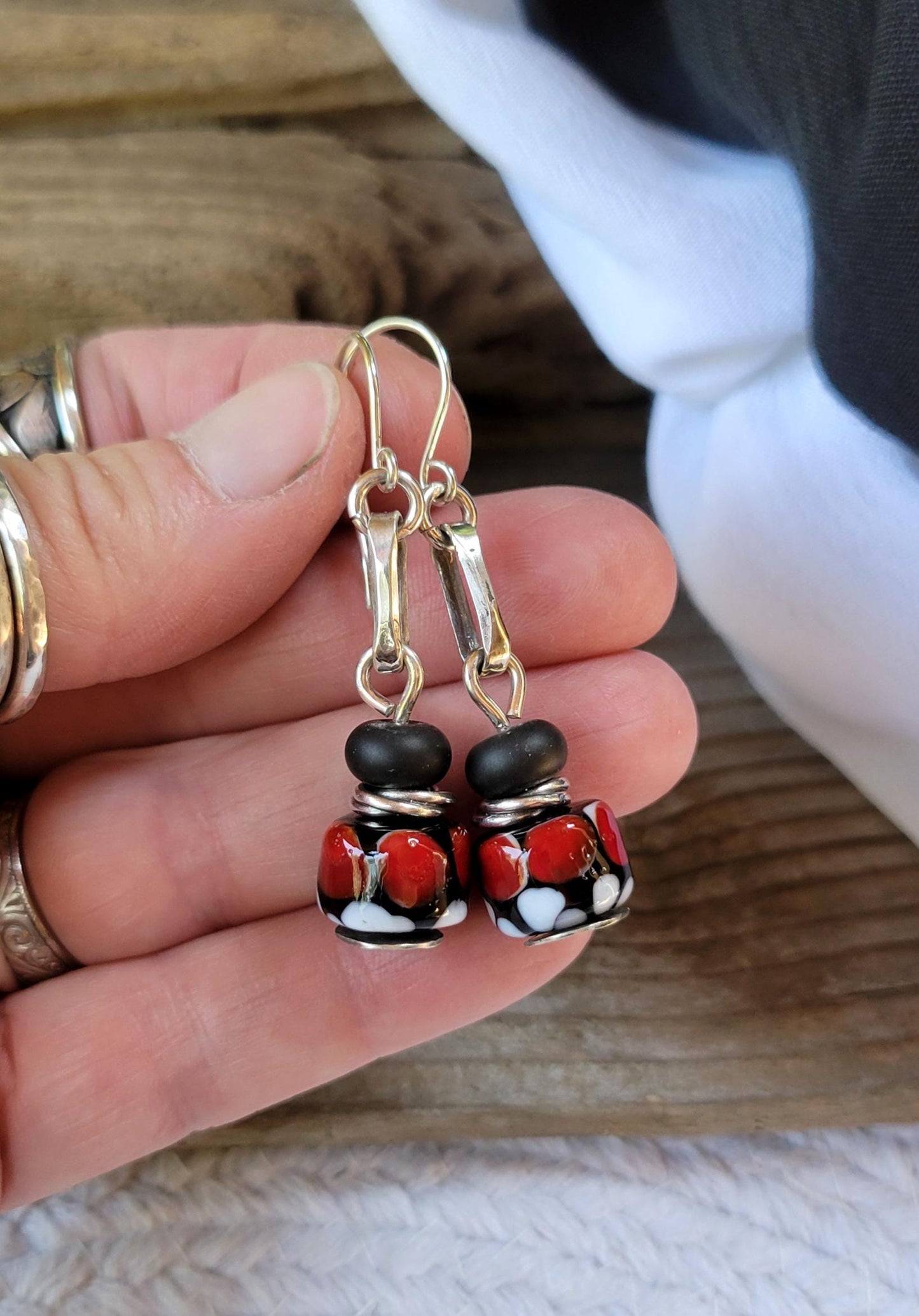 Lady Bug Artisan Glass earrings - handmade glass beads, handformed sterling silver, red, black, white dangle, beautiful gift