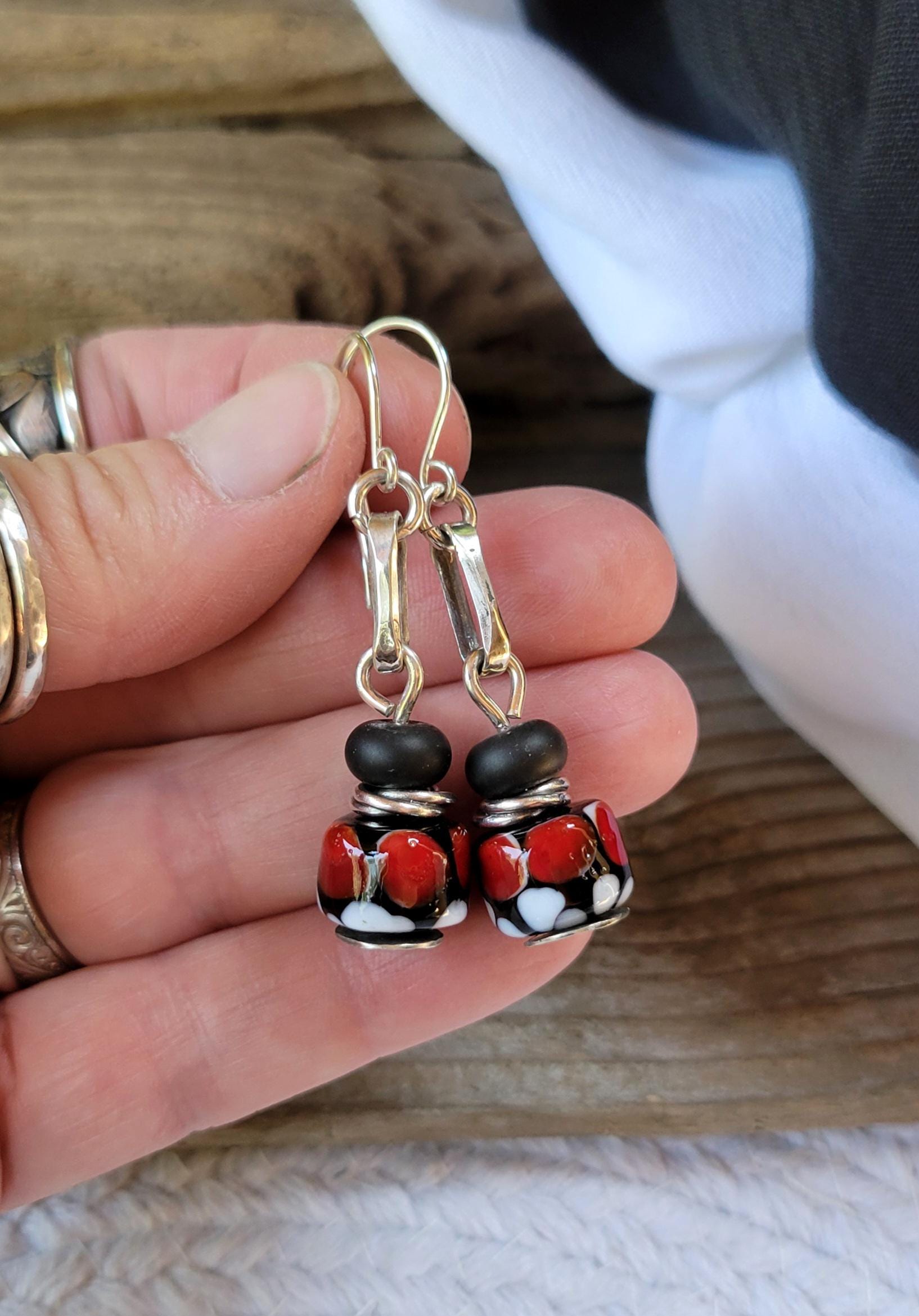 Lady Bug Artisan Glass earrings - handmade glass beads, handformed sterling silver, red, black, white dangle, beautiful gift