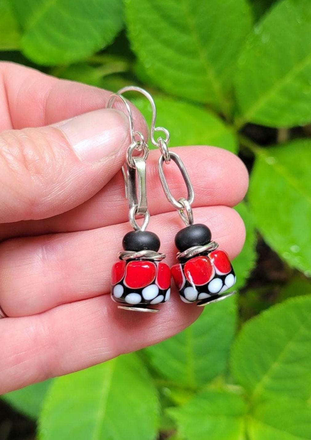Lady Bug Artisan Glass earrings - handmade glass beads, handformed sterling silver, red, black, white dangle, beautiful gift