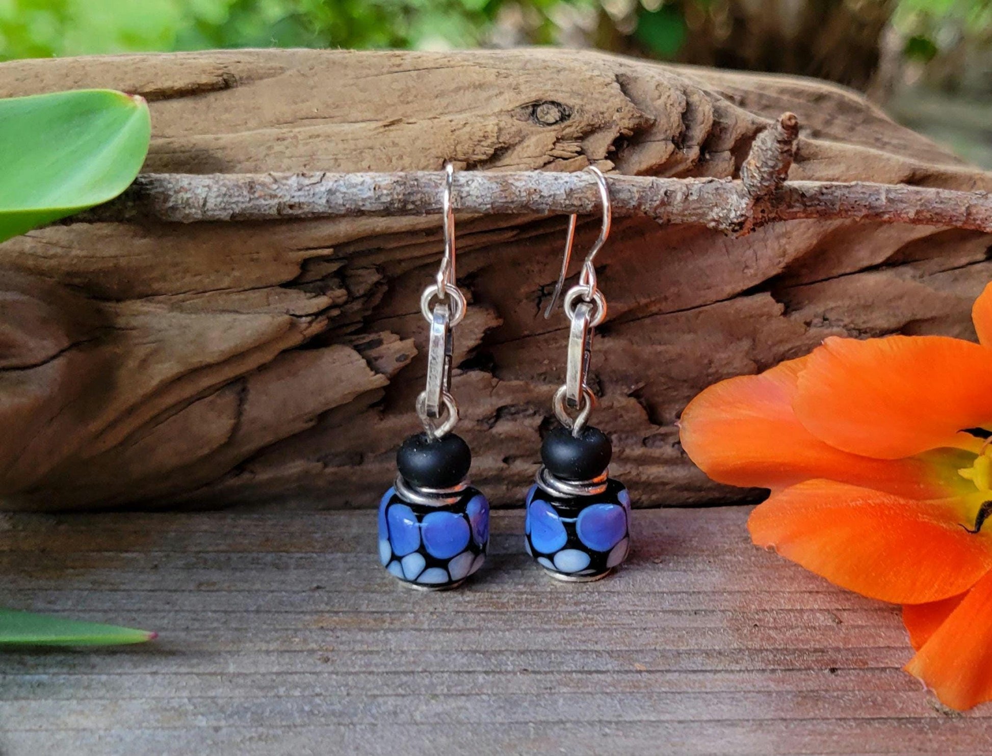 Purple Monarch Butterfly Artisan Glass earrings - handmade glass, handformed sterling silver, violet, periwinkle,black, beautiful gift