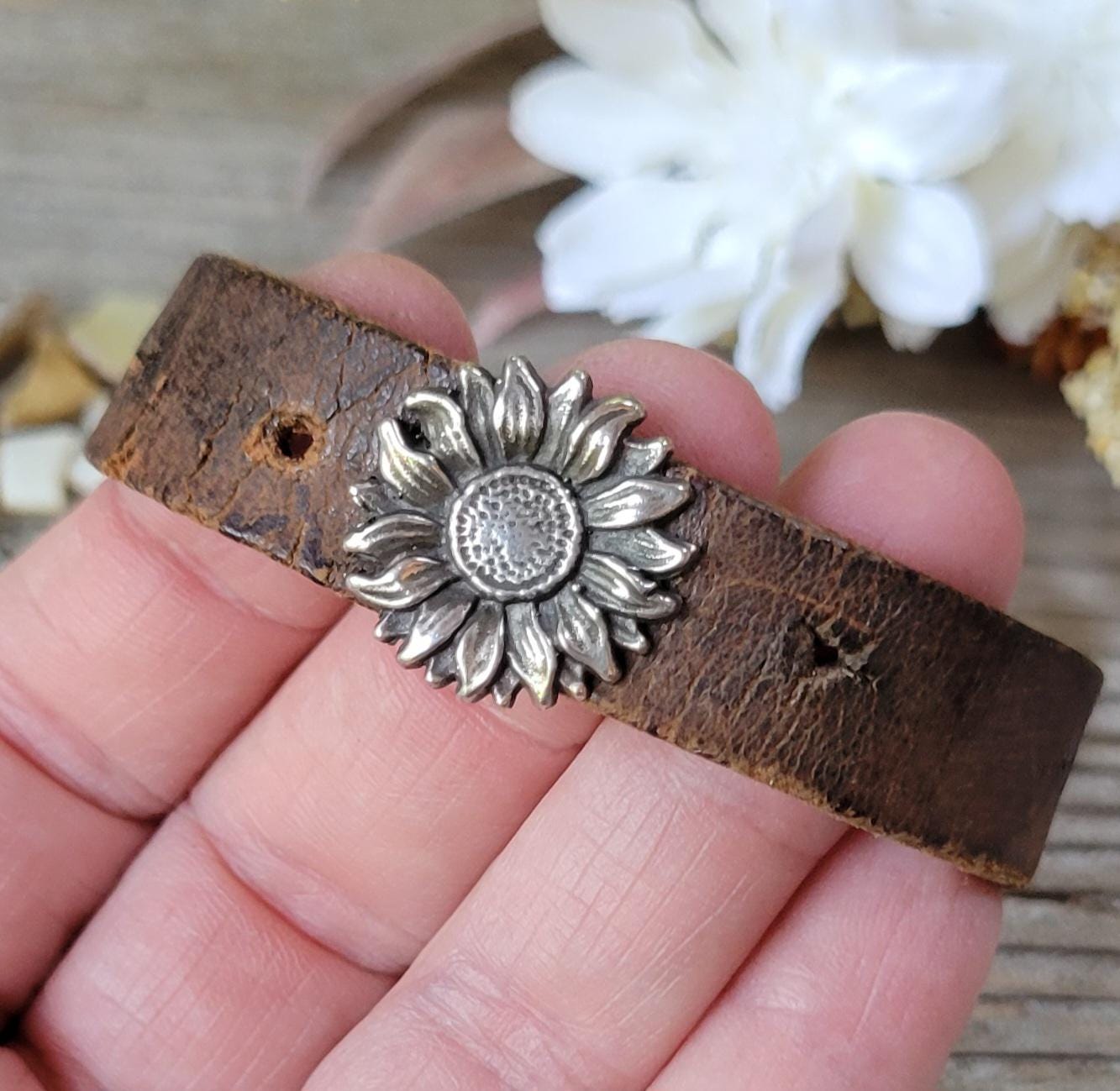 Sterling Silver Sunflower Leather Bracelet - handmade, hand crafted, weathered brown leather, simple, durable, rugged, beautiful gift