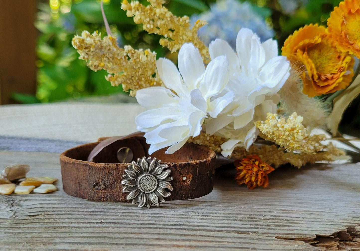 Sterling Silver Sunflower Leather Bracelet - handmade, hand crafted, weathered brown leather, simple, durable, rugged, beautiful gift