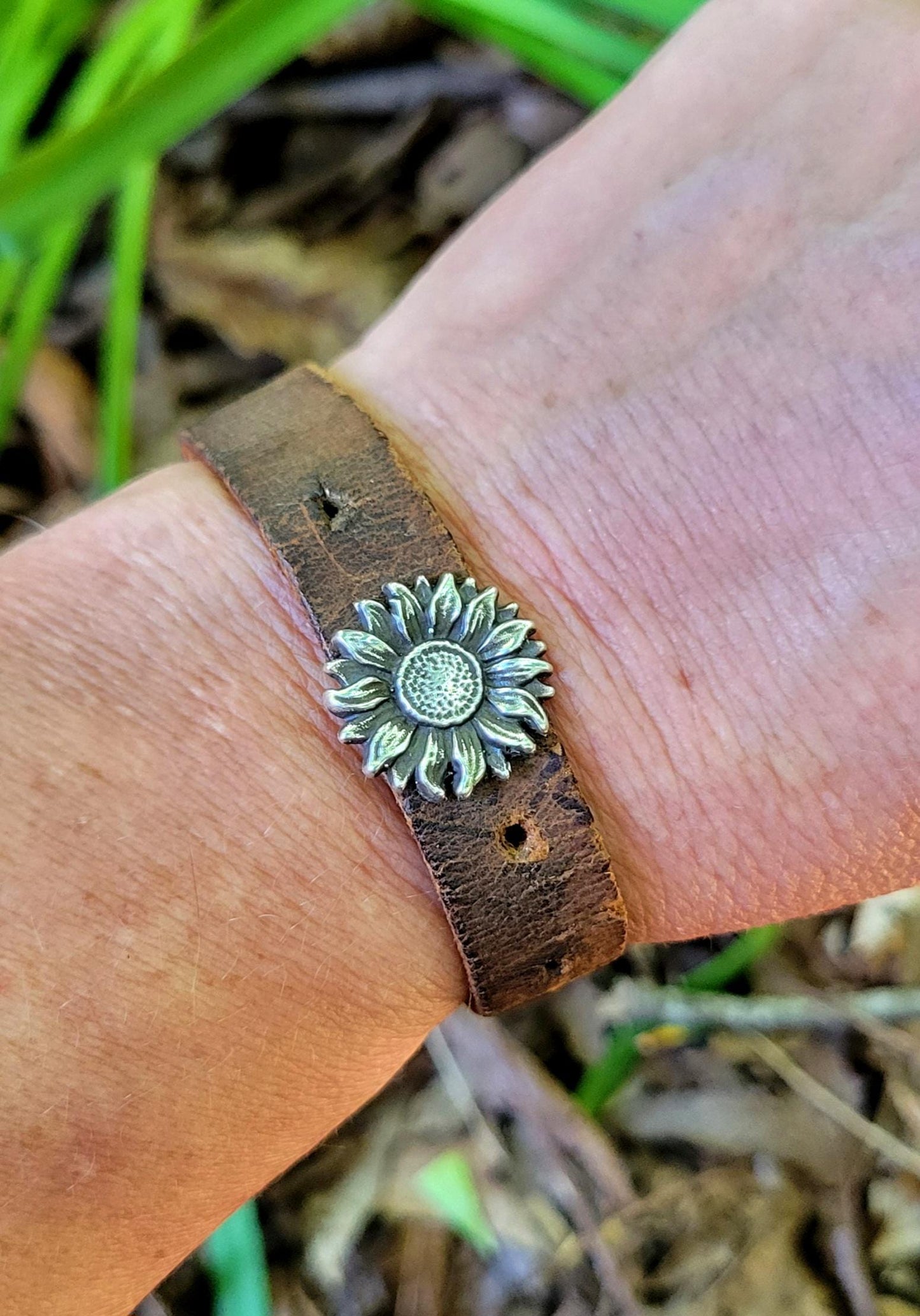 Sterling Silver Sunflower Leather Bracelet - handmade, hand crafted, weathered brown leather, simple, durable, rugged, beautiful gift