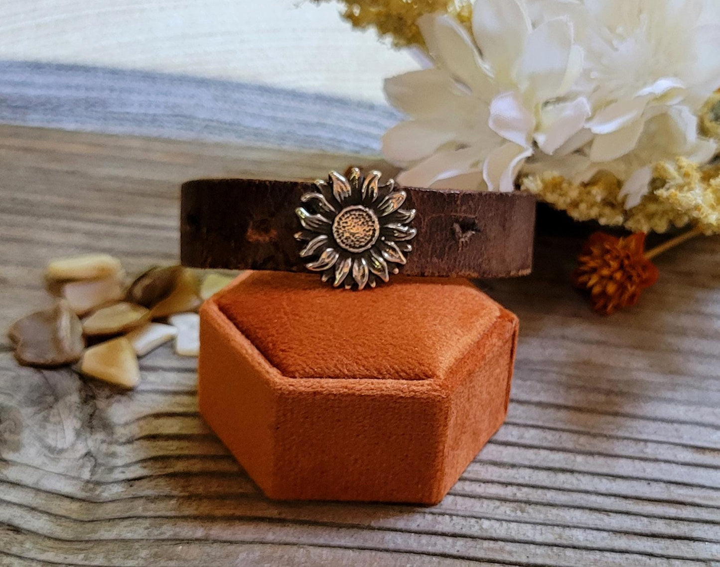 Sterling Silver Sunflower Leather Bracelet - handmade, hand crafted, weathered brown leather, simple, durable, rugged, beautiful gift