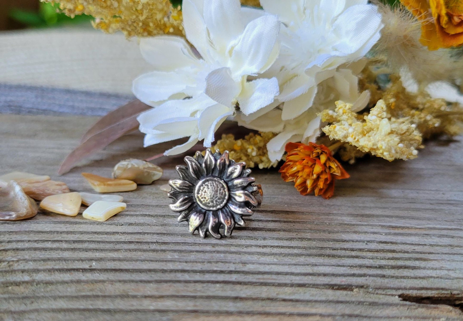 Sterling Silver Sunflower Cast Ring - handmade, hand crafted, beautiful gift, Size 6.75 USA