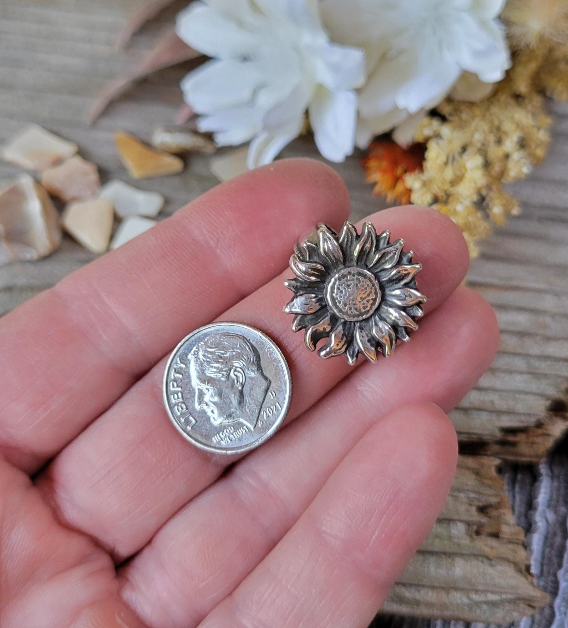 Sterling Silver Sunflower Cast Ring - handmade, hand crafted, beautiful gift, Size 6.75 USA