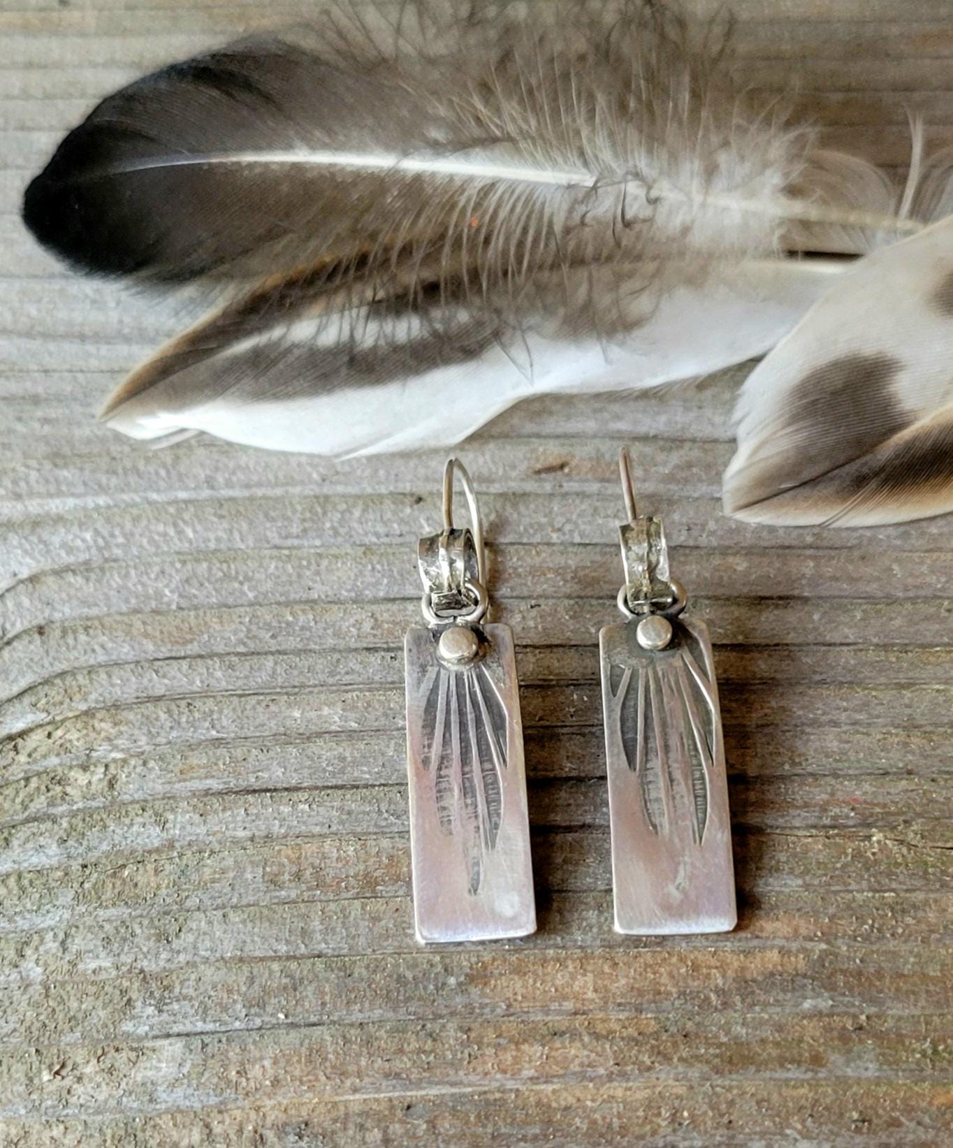 Silver Feather Stamped Earrings - sterling silver, handmade, hand crafted, silver dangles, leaf, palm, extremely lightweight, beautiful gift