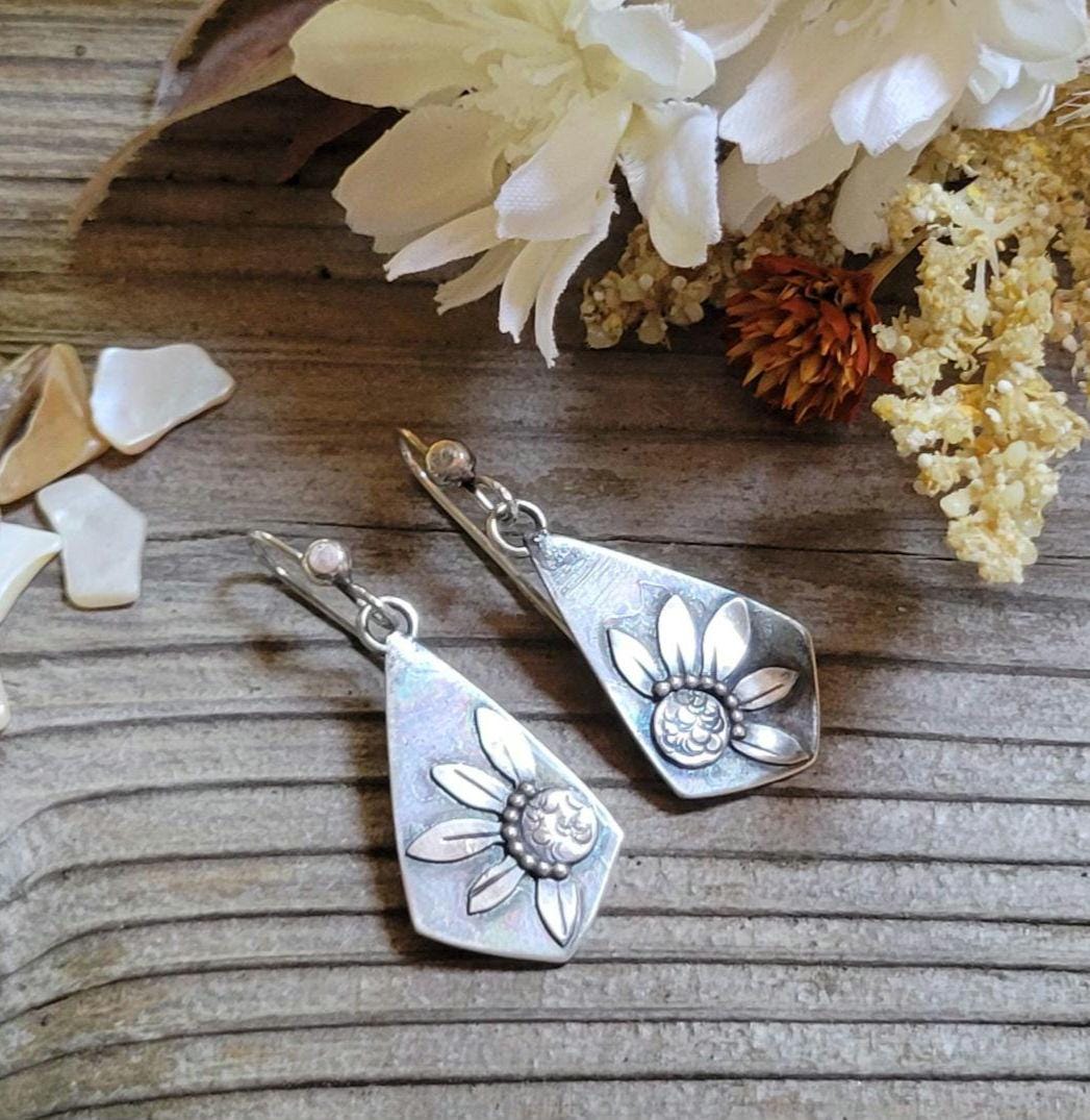 Silver Sunflower Earrings - sterling silver, handmade, hand crafted, kite, botanical, flower, silver dangles, lightweight, beautiful gift