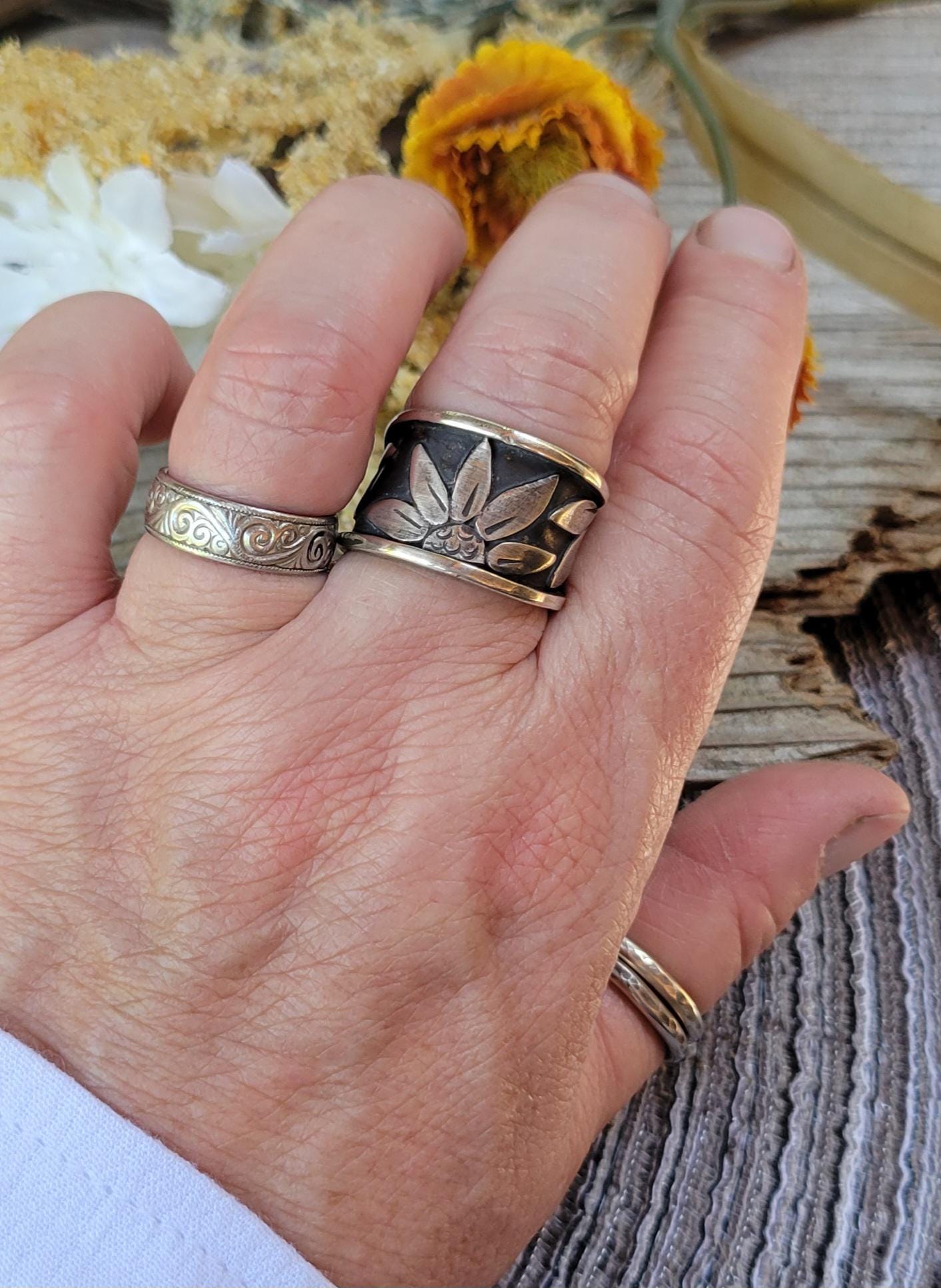 Sterling Silver Sunflower Wrap Ring - handmade, hand crafted, 100% fabricated by hand, unique statement ring, beautiful gift, Size 8.25 USA