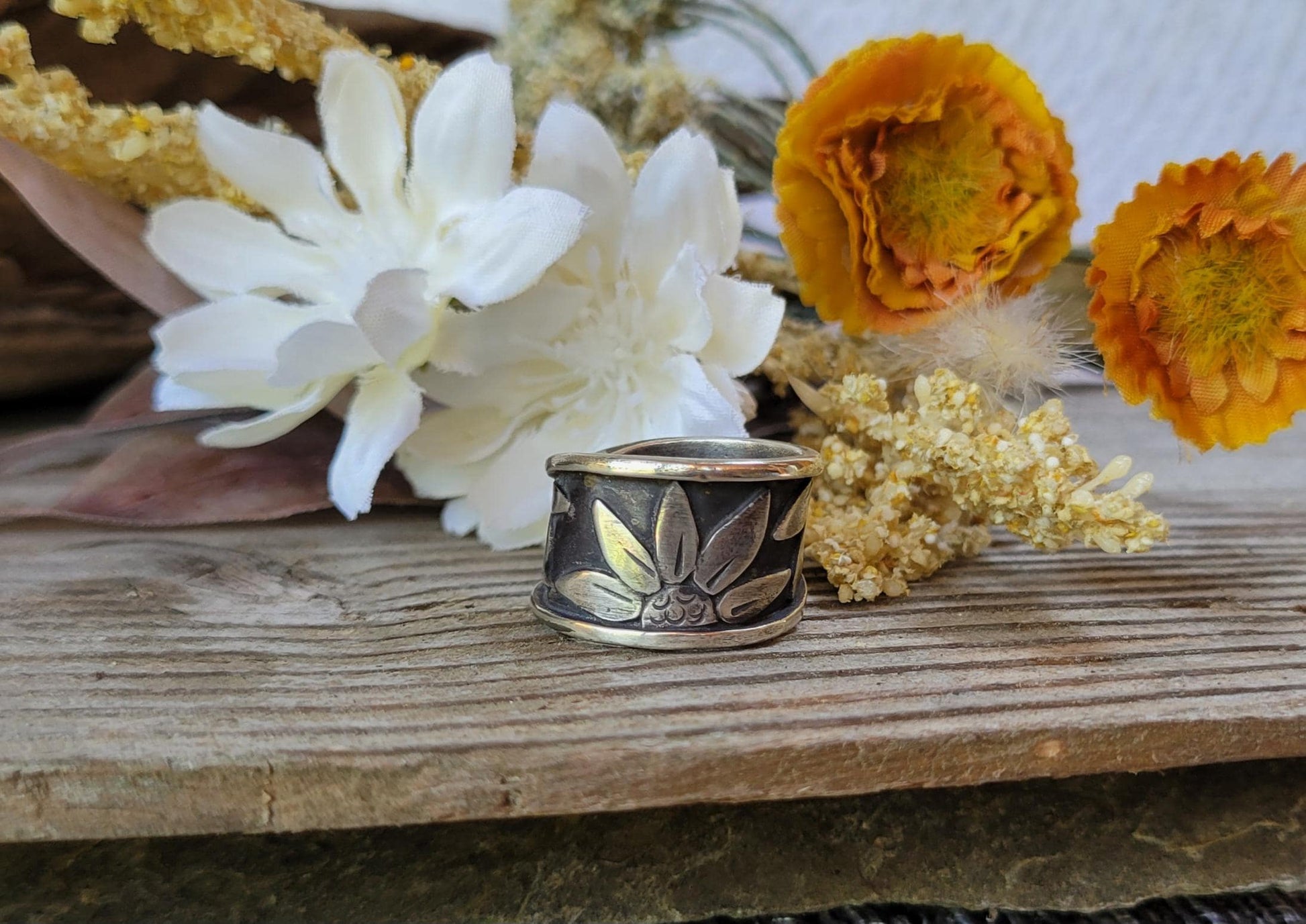Sterling Silver Sunflower Wrap Ring - handmade, hand crafted, 100% fabricated by hand, unique statement ring, beautiful gift, Size 8.25 USA