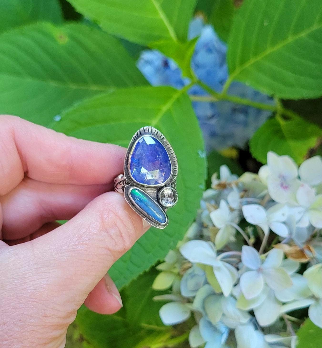Tanzanite and Idaho Spencer Opal Sterling Silver Ring - blue, lavender, perwinkle, high grade Tanzanite, quartz, handmade, beautiful gift