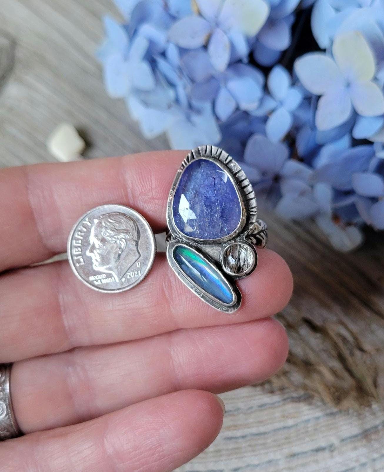 Tanzanite and Idaho Spencer Opal Sterling Silver Ring - blue, lavender, perwinkle, high grade Tanzanite, quartz, handmade, beautiful gift