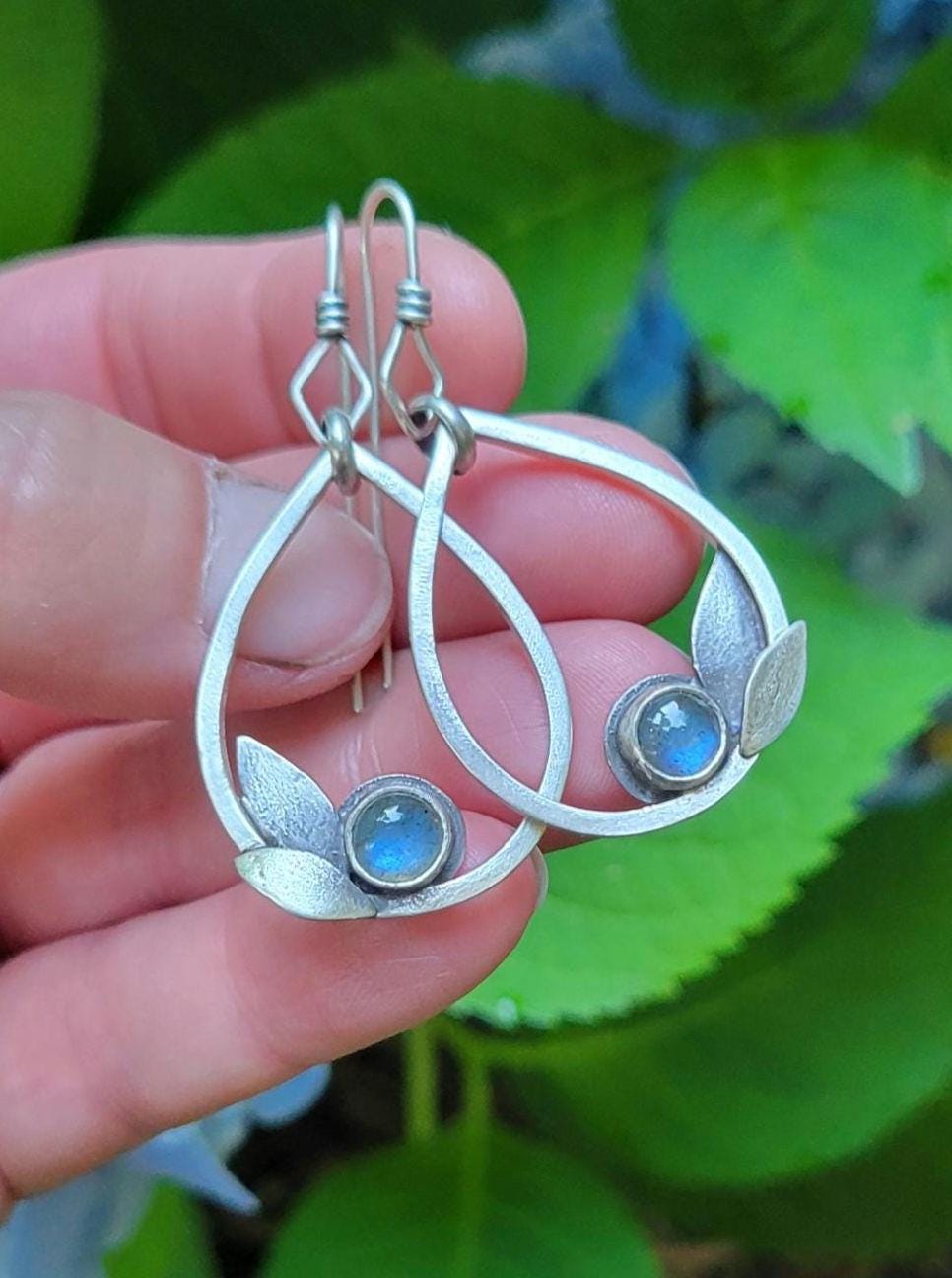 Labradorite Sterling Silver Leaf Earrings - handmade, hand crafted, teardrop, leaf, leaves, natural gemstone, lightweight, beautiful gift