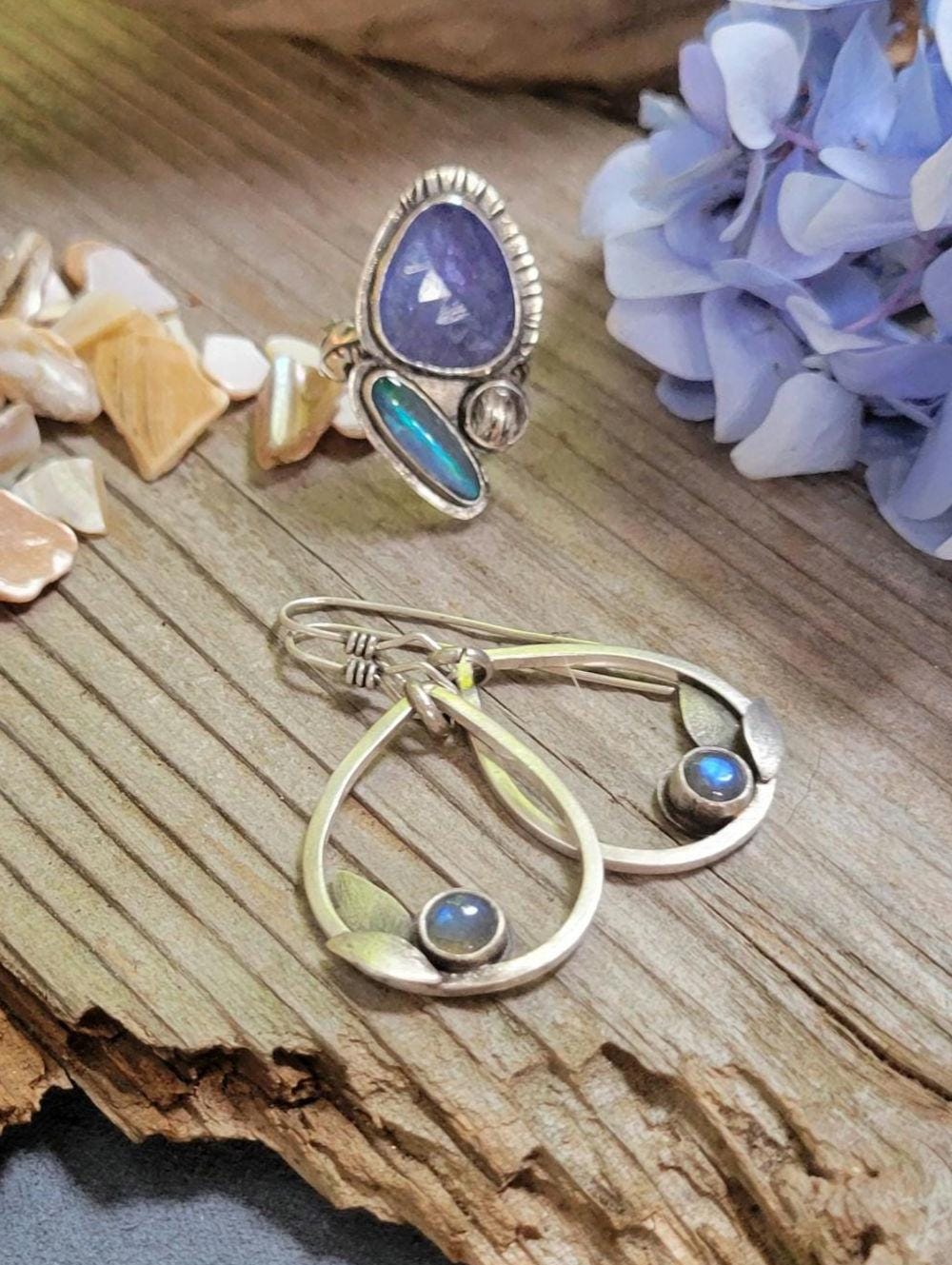 Labradorite Sterling Silver Leaf Earrings - handmade, hand crafted, teardrop, leaf, leaves, natural gemstone, lightweight, beautiful gift