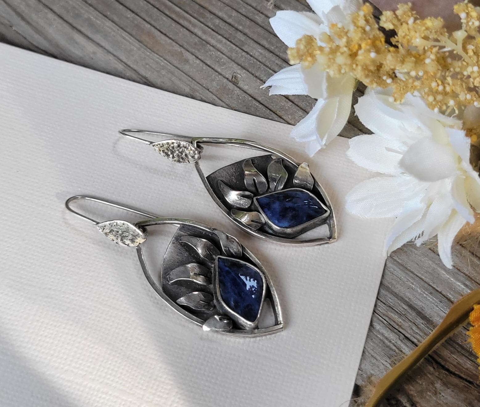 Lapis Lazuli Sterling Silver Sunflower Earrings - handmade, hand crafted, blue, navy blue, petals, sun, natural gemstone, beautiful gift