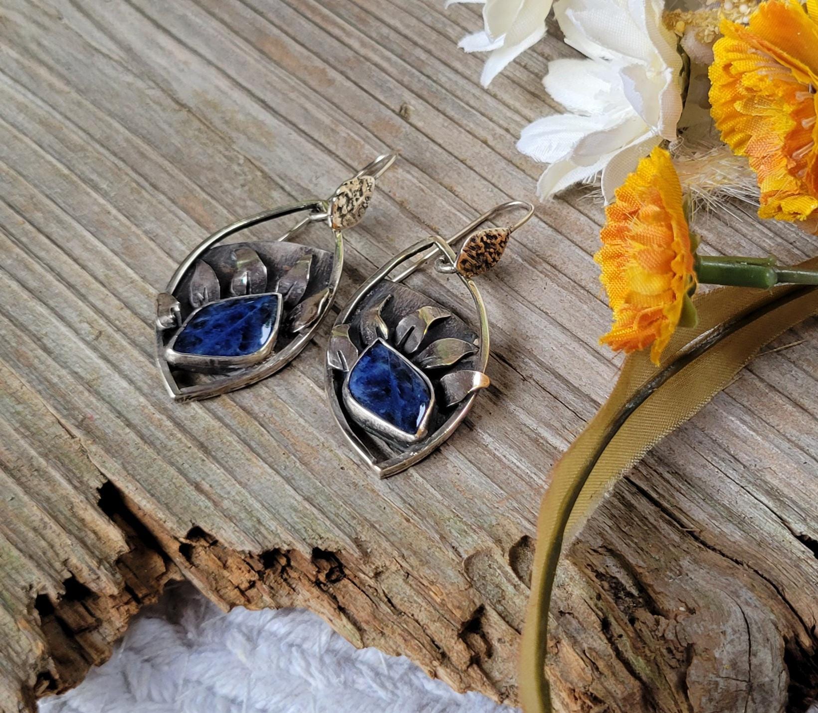 Lapis Lazuli Sterling Silver Sunflower Earrings - handmade, hand crafted, blue, navy blue, petals, sun, natural gemstone, beautiful gift