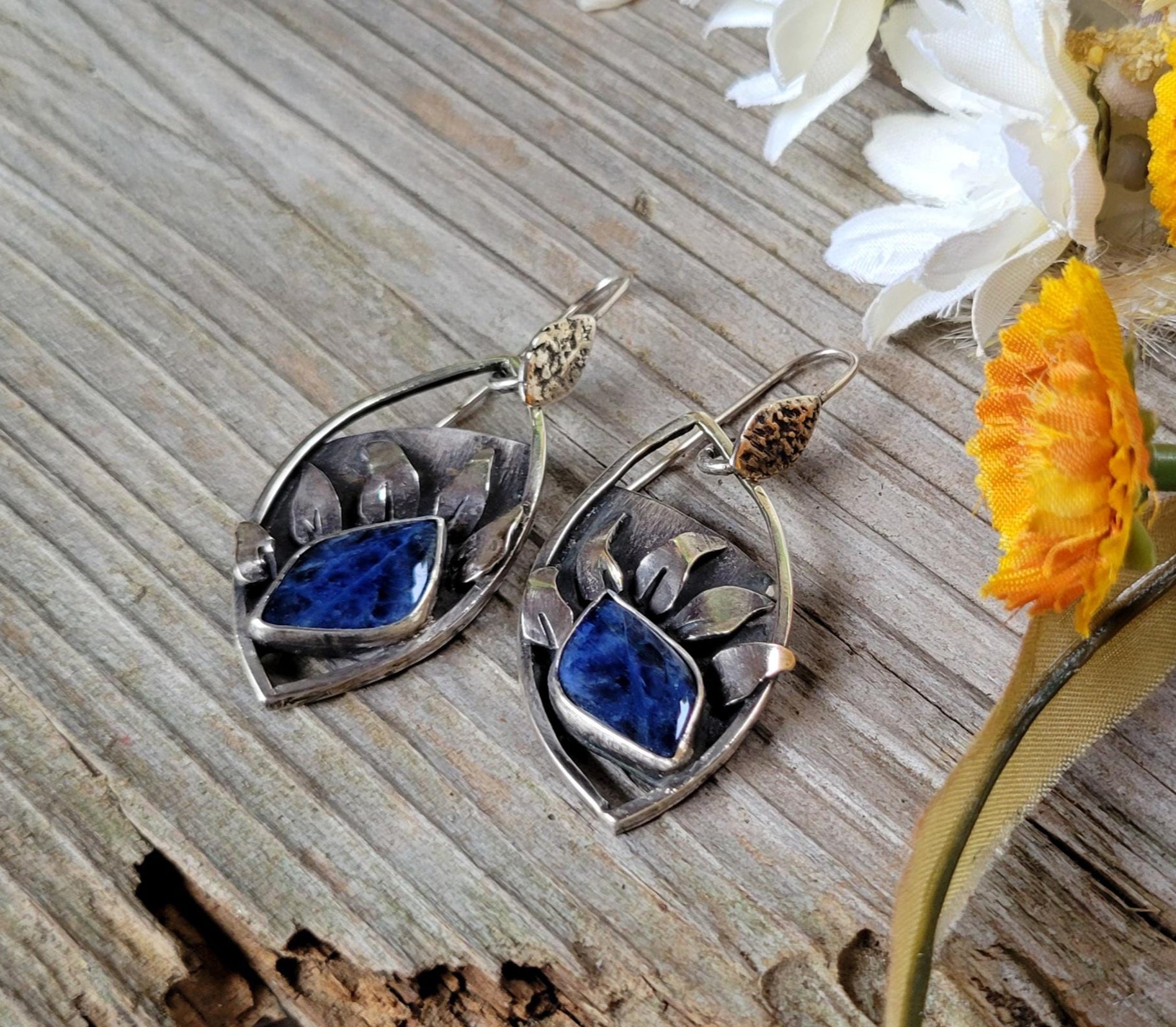 Lapis Lazuli Sterling Silver Sunflower Earrings - handmade, hand crafted, blue, navy blue, petals, sun, natural gemstone, beautiful gift