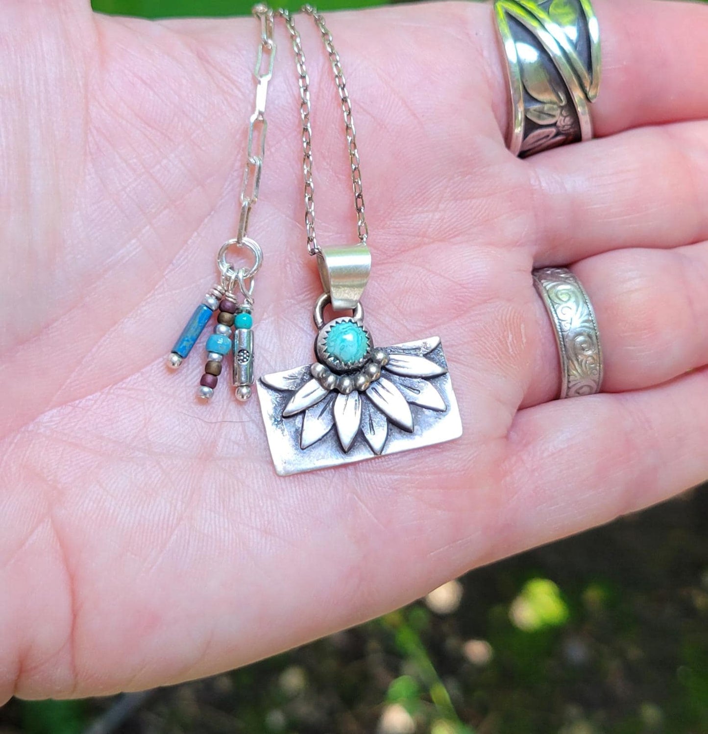 Hand Crafted Sterling Silver Sunflower Necklace featuring natural blue moon turquoise, flower, #1 of 2 sister necklaces, beautiful gift