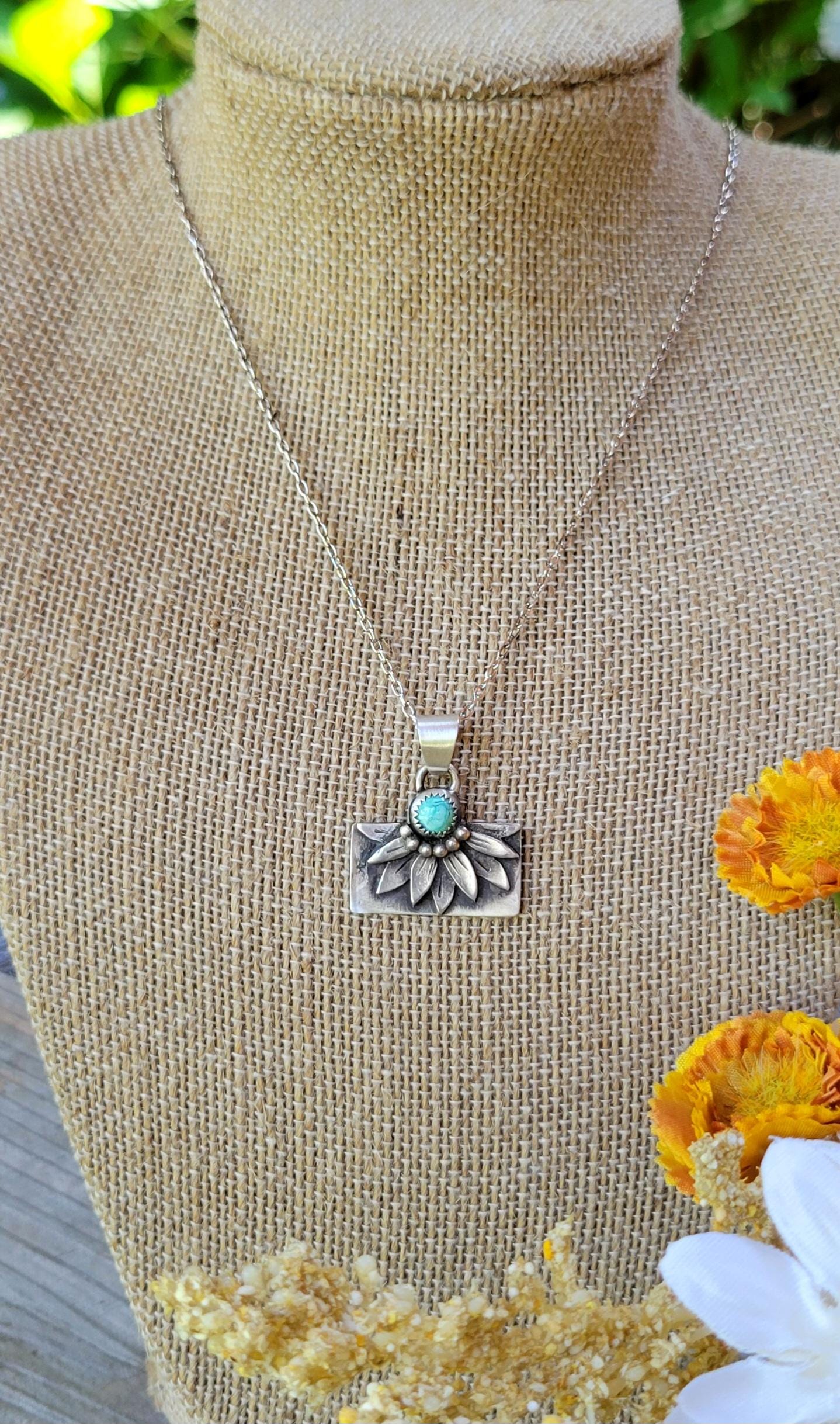 Hand Crafted Sterling Silver Sunflower Necklace featuring natural blue moon turquoise, flower, #1 of 2 sister necklaces, beautiful gift
