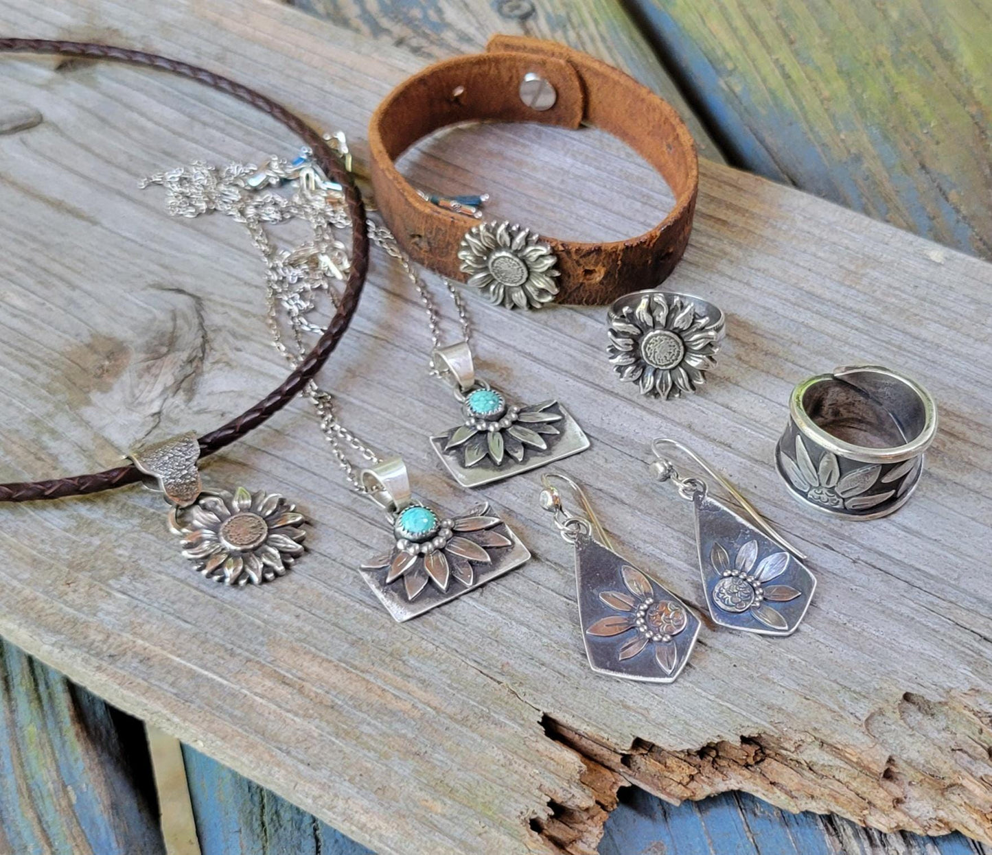 Hand Crafted Sterling Silver Sunflower Necklace featuring natural blue moon turquoise, flower, #1 of 2 sister necklaces, beautiful gift