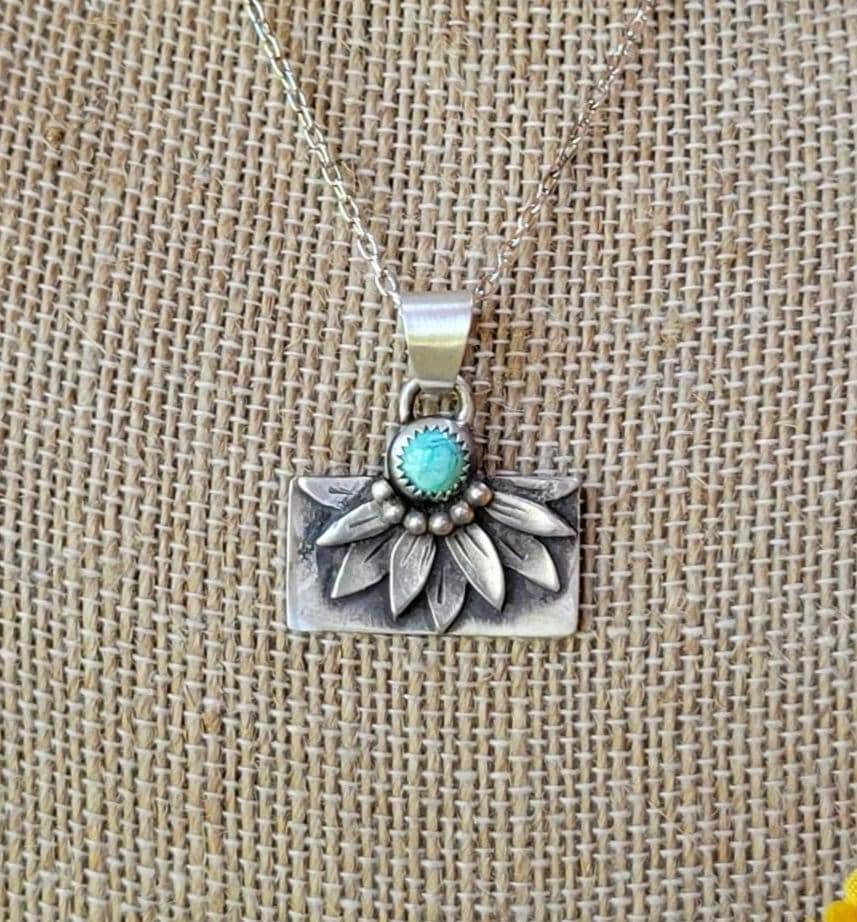 Hand Crafted Sterling Silver Sunflower Necklace featuring natural blue moon turquoise, flower, #1 of 2 sister necklaces, beautiful gift