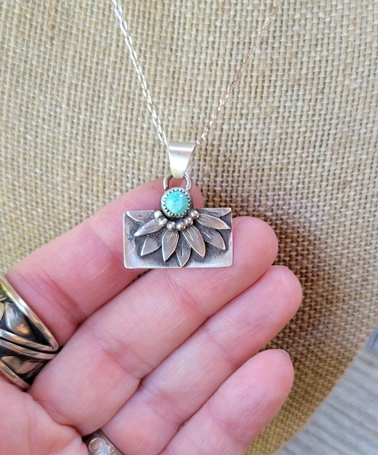 Hand Crafted Sterling Silver Sunflower Necklace featuring natural blue moon turquoise, flower, #1 of 2 sister necklaces, beautiful gift