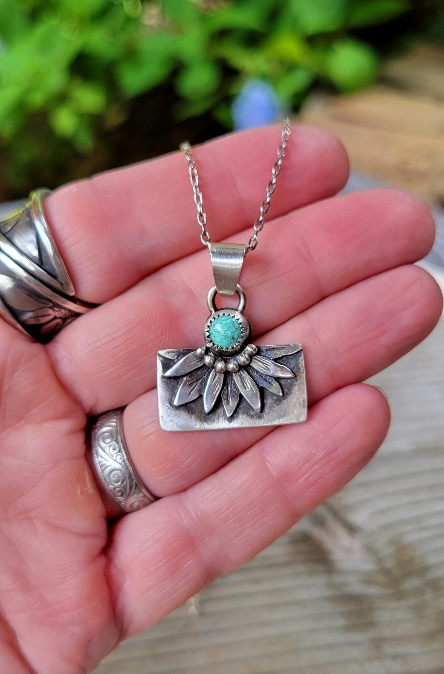 Hand Crafted Sterling Silver Sunflower Necklace featuring natural blue moon turquoise, flower, #2 of 2 two sister necklaces, beautiful gift