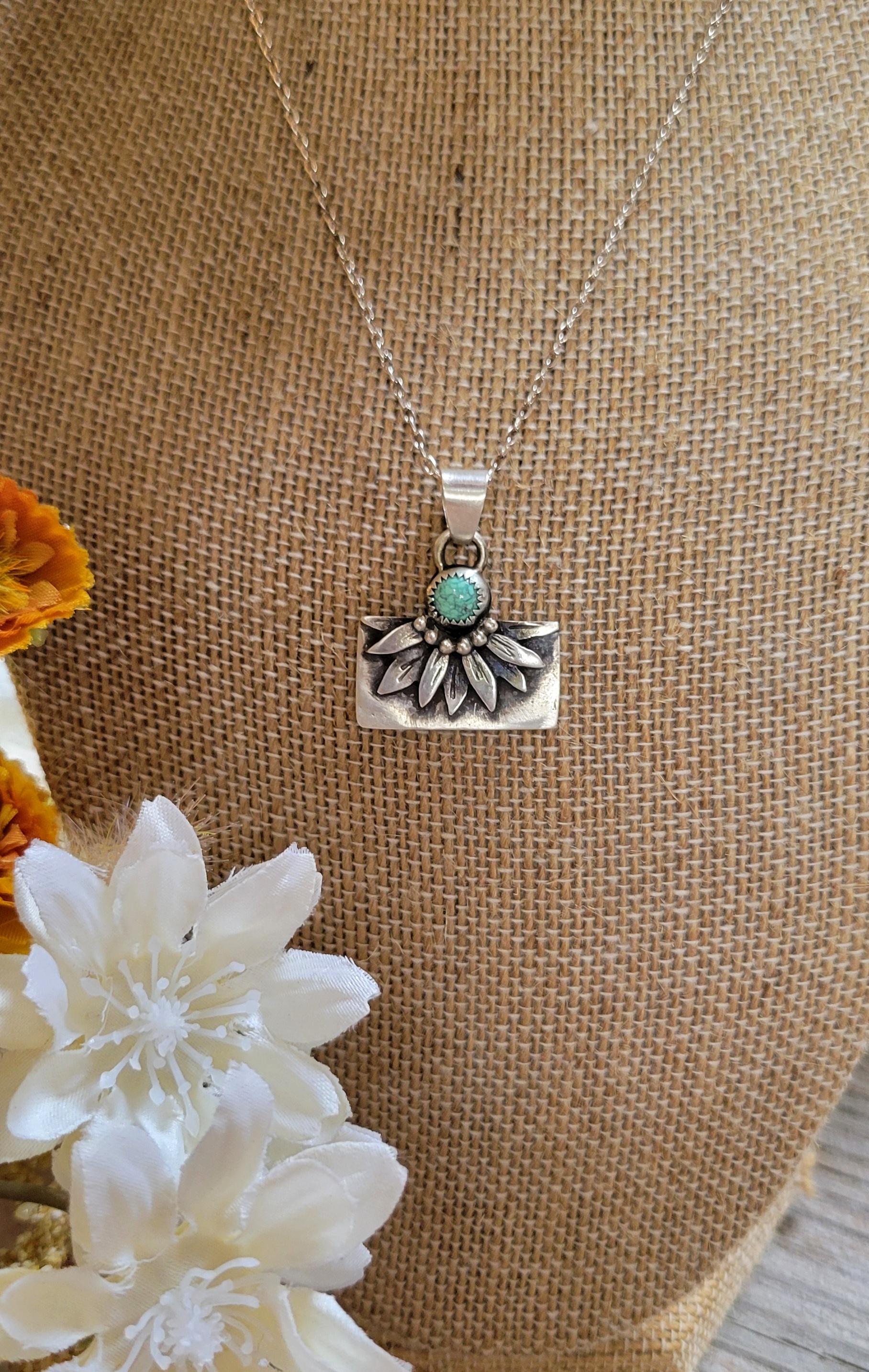 Hand Crafted Sterling Silver Sunflower Necklace featuring natural blue moon turquoise, flower, #2 of 2 two sister necklaces, beautiful gift