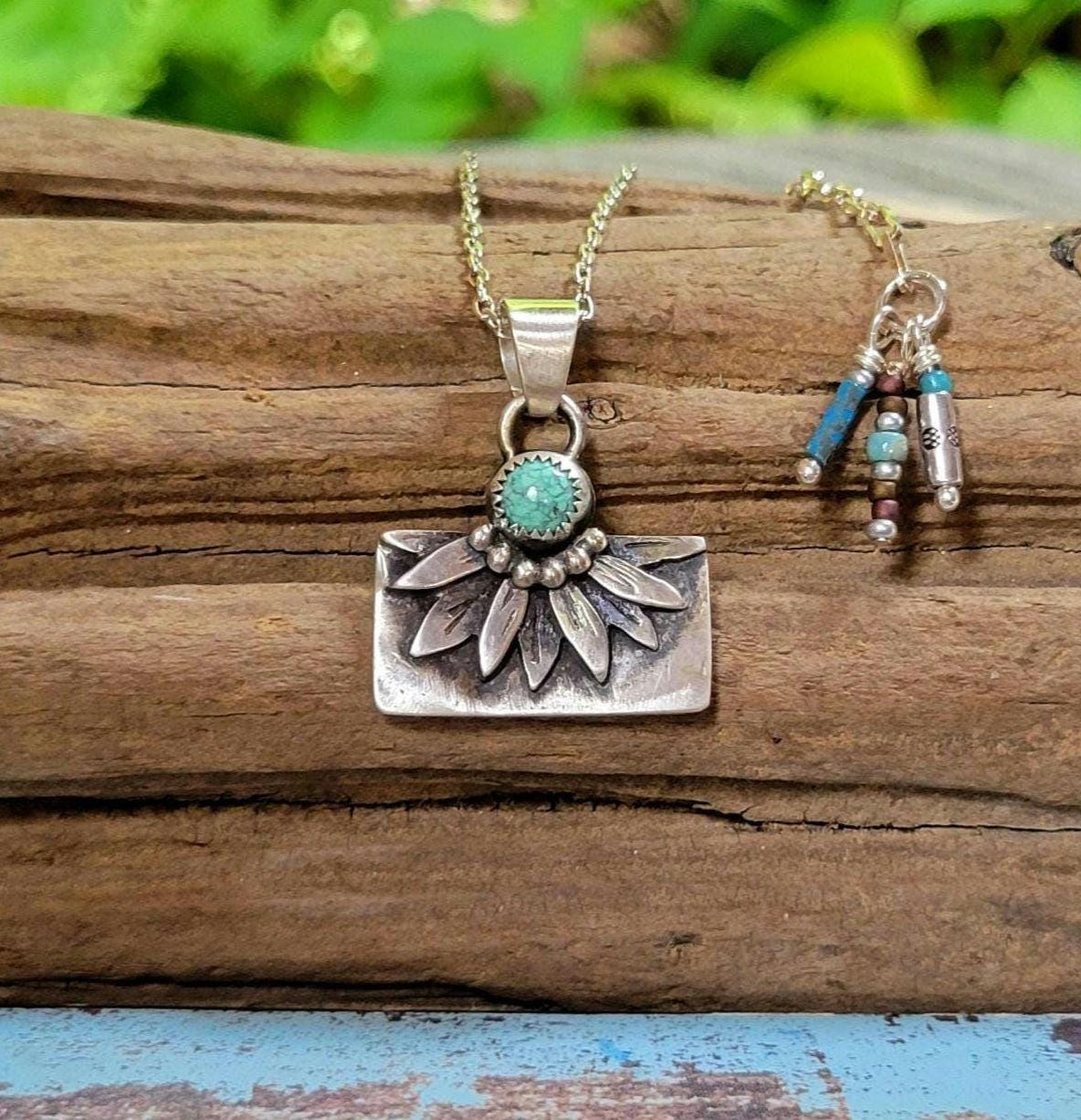 Hand Crafted Sterling Silver Sunflower Necklace featuring natural blue moon turquoise, flower, #2 of 2 two sister necklaces, beautiful gift