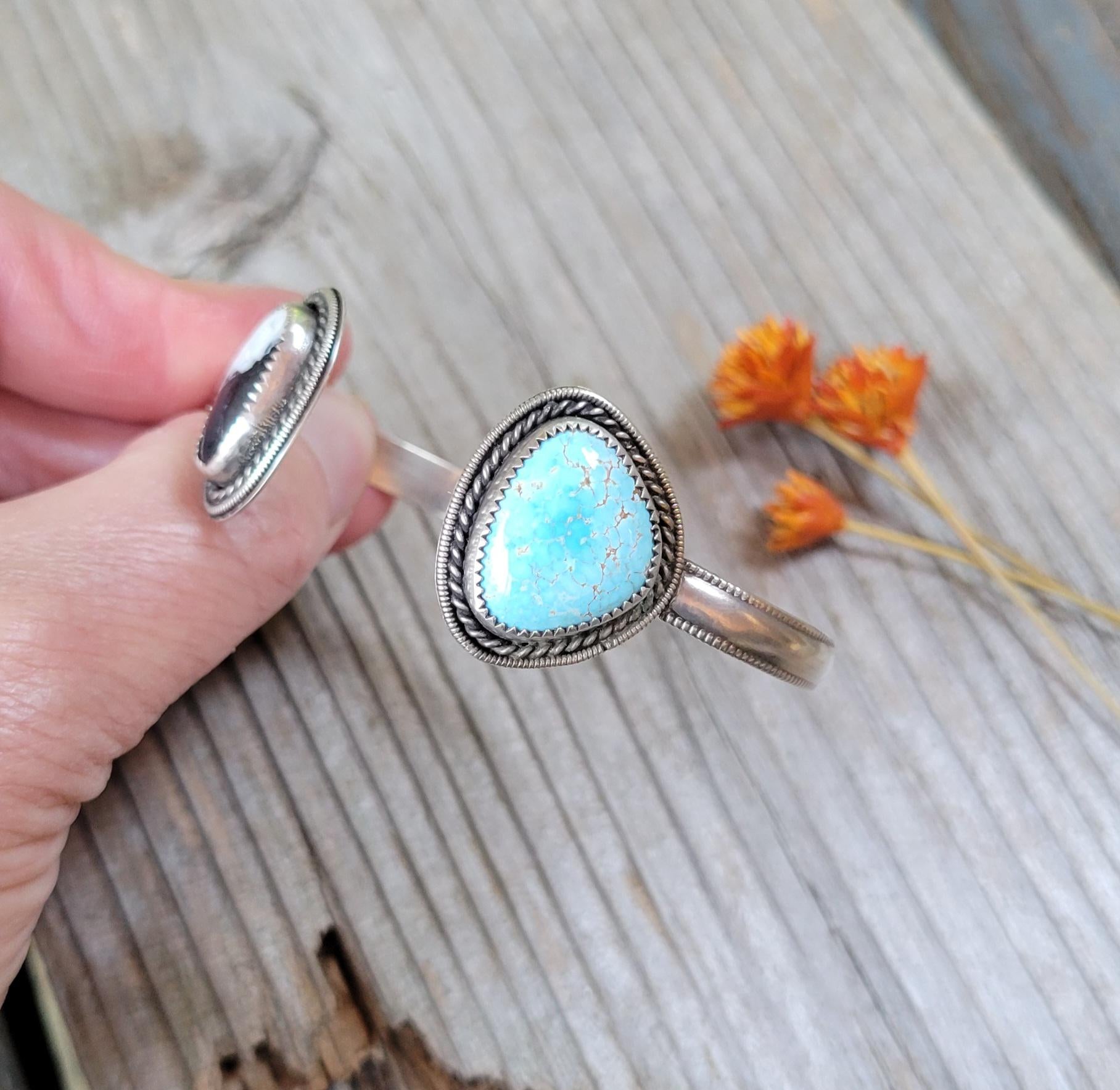 White Buffalo Golden Hills Turquoise Cuff - sterling silver, hand crafted, open cuff, bracelet, bangle, blue, black white, beautiful gift