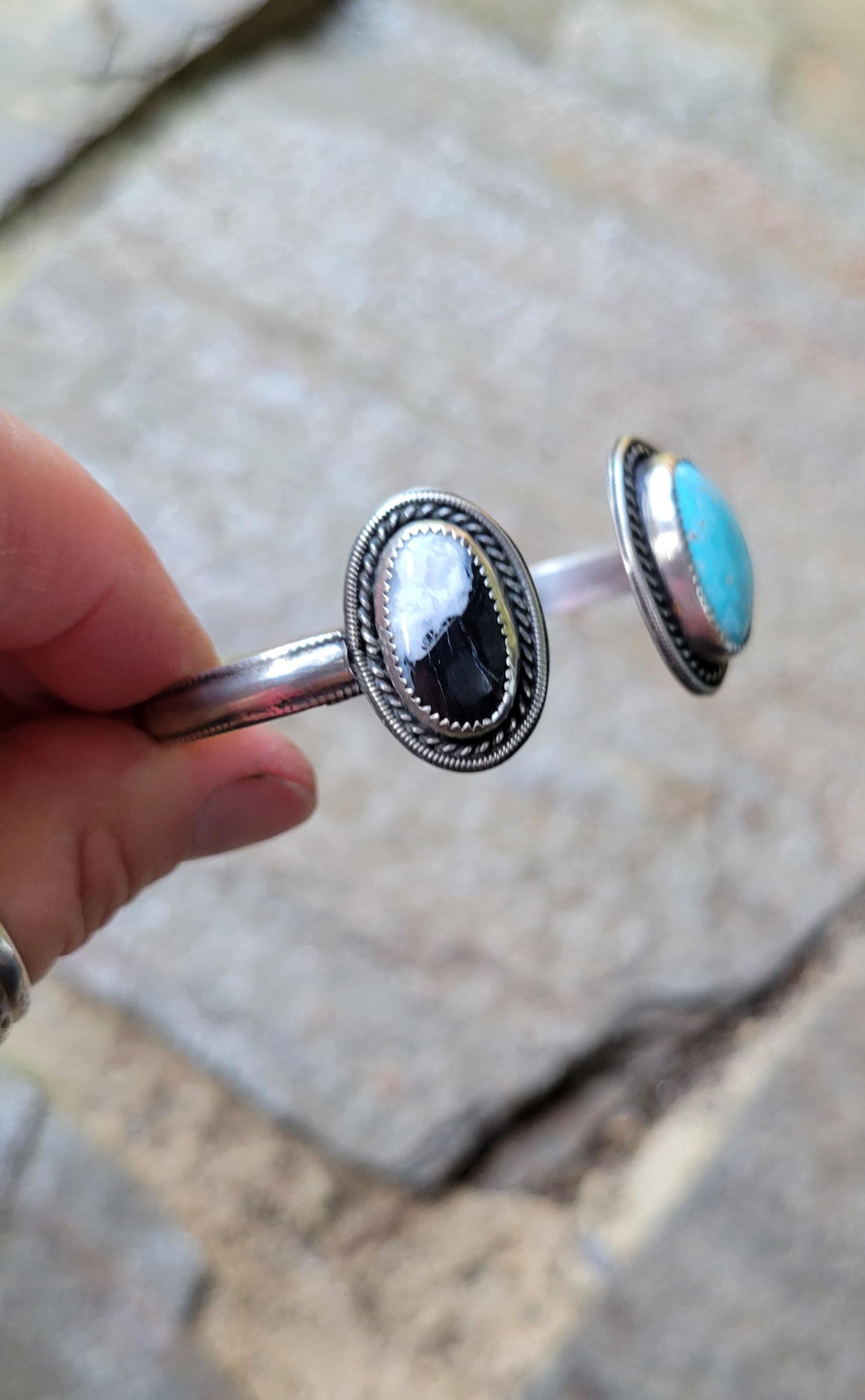 White Buffalo Golden Hills Turquoise Cuff - sterling silver, hand crafted, open cuff, bracelet, bangle, blue, black white, beautiful gift