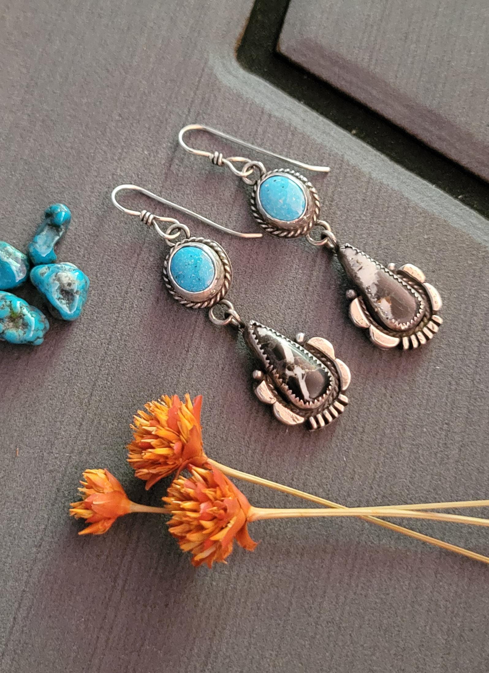 White Buffalo Lone Mountain Blue Turquoise Silver Dangles - sterling silver earrings, handmade, hand crafted, southwestern, beautiful gift