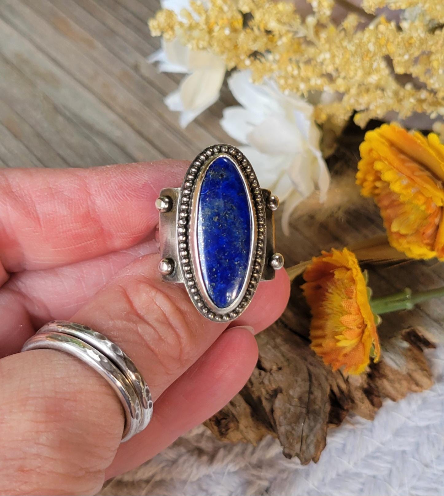 Lapis Lazuli Sterling Silver Ring - handmade, hand crafted, blue, navy blue, oval, natural gemstone, shield, beautiful gift, Size 8 USA