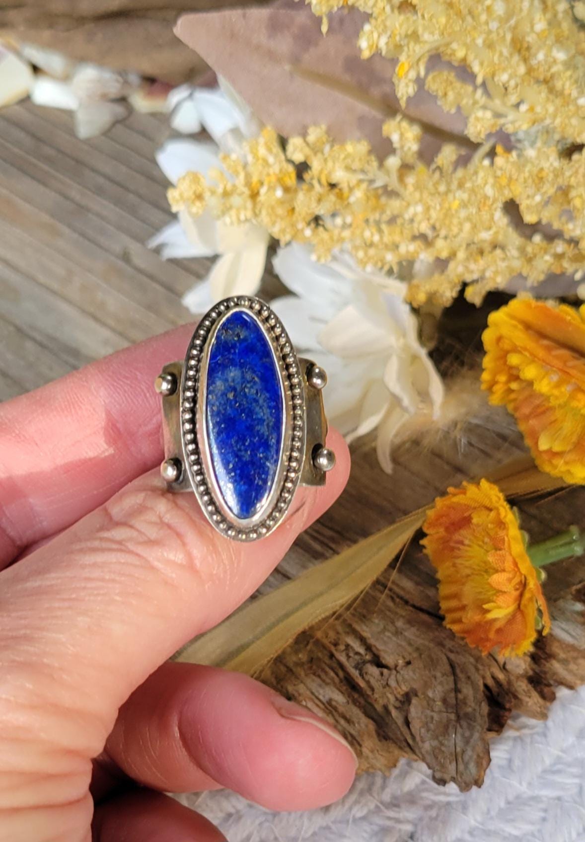 Lapis Lazuli Sterling Silver Ring - handmade, hand crafted, blue, navy blue, oval, natural gemstone, shield, beautiful gift, Size 8 USA