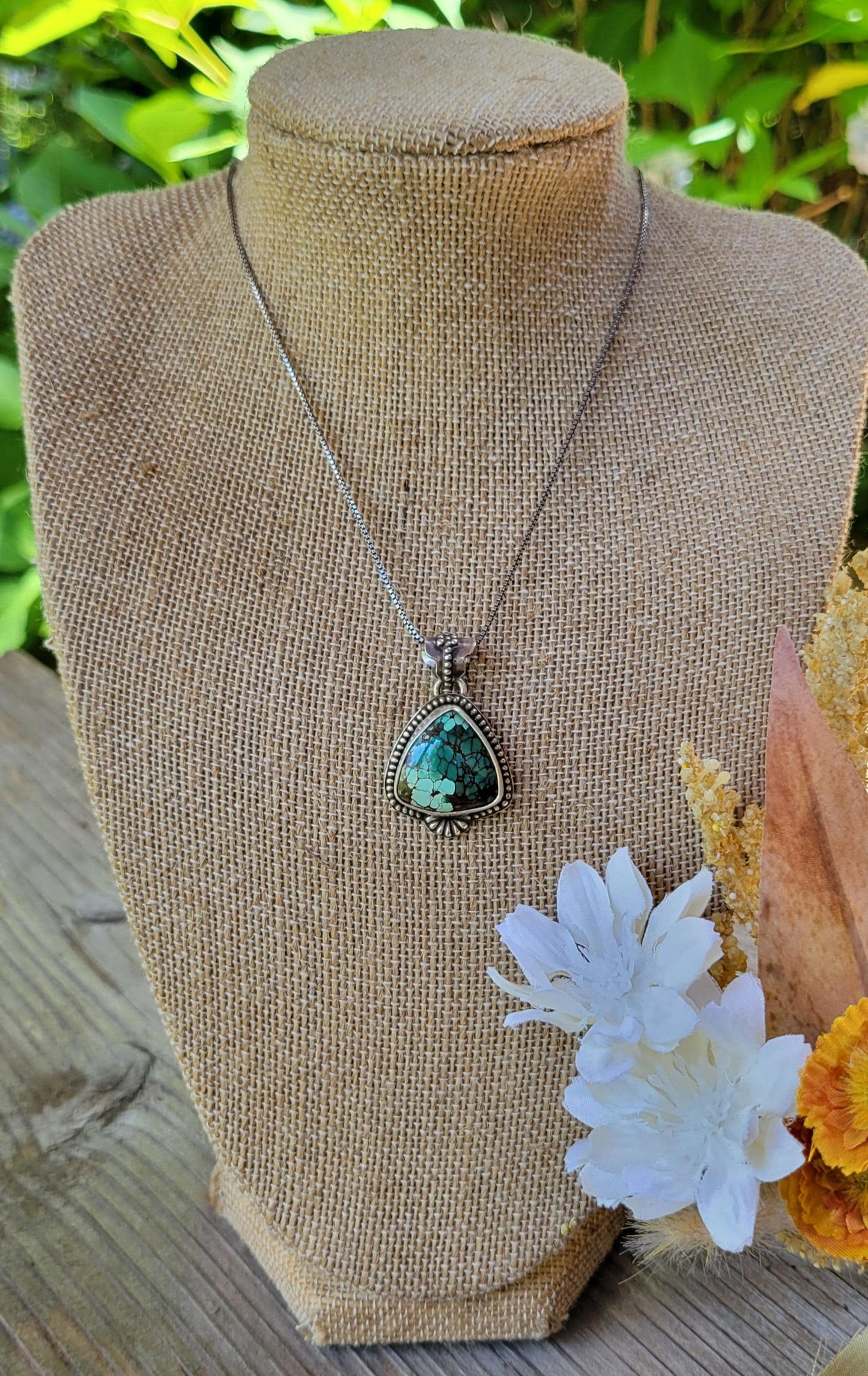 Green Turquoise Pendant in Sterling Silver Necklace - handmade, Polychrome Trillion Qingu, natural stone, flower, dainty, beautiful gift