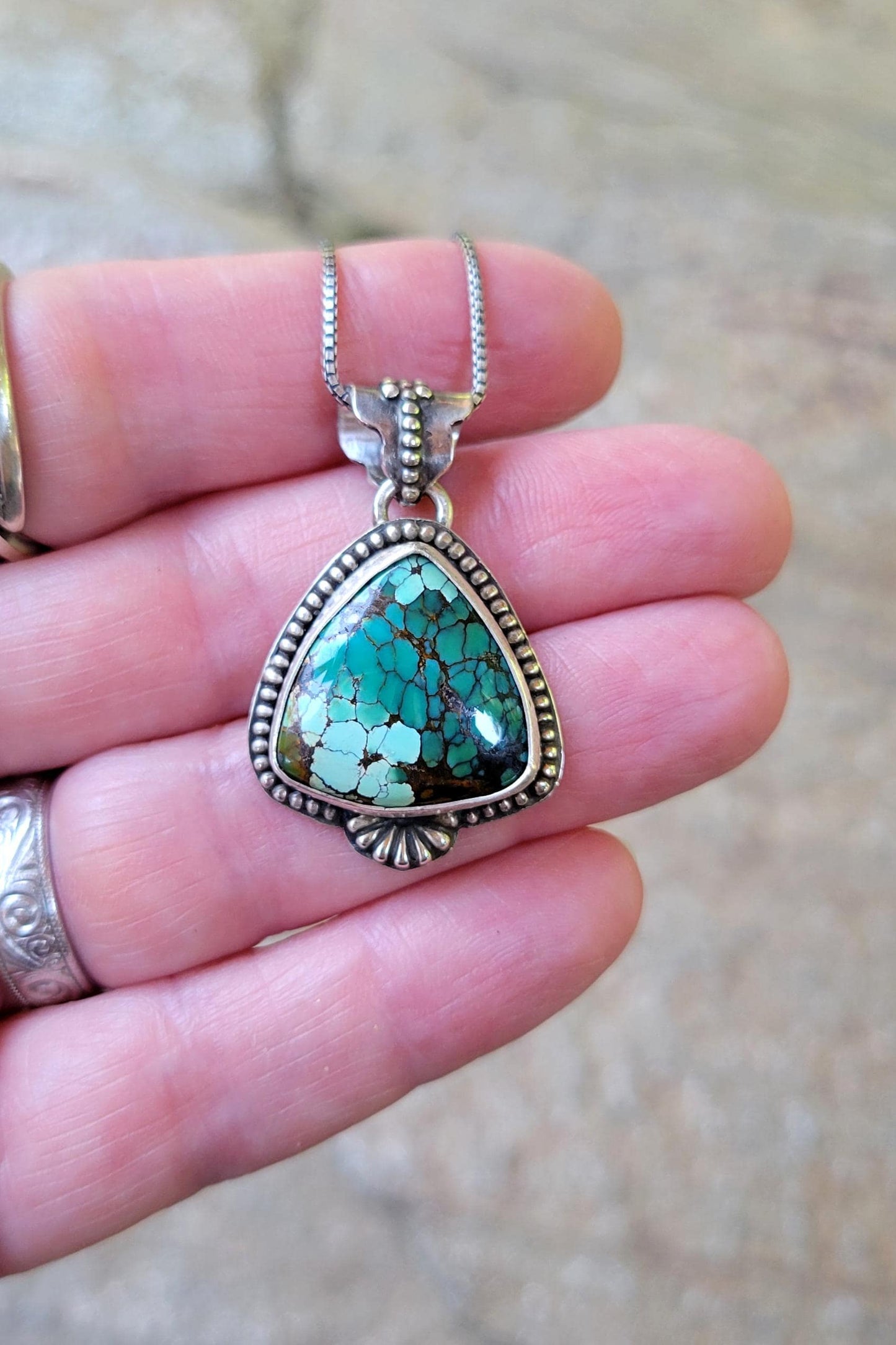 Green Turquoise Pendant in Sterling Silver Necklace - handmade, Polychrome Trillion Qingu, natural stone, flower, dainty, beautiful gift